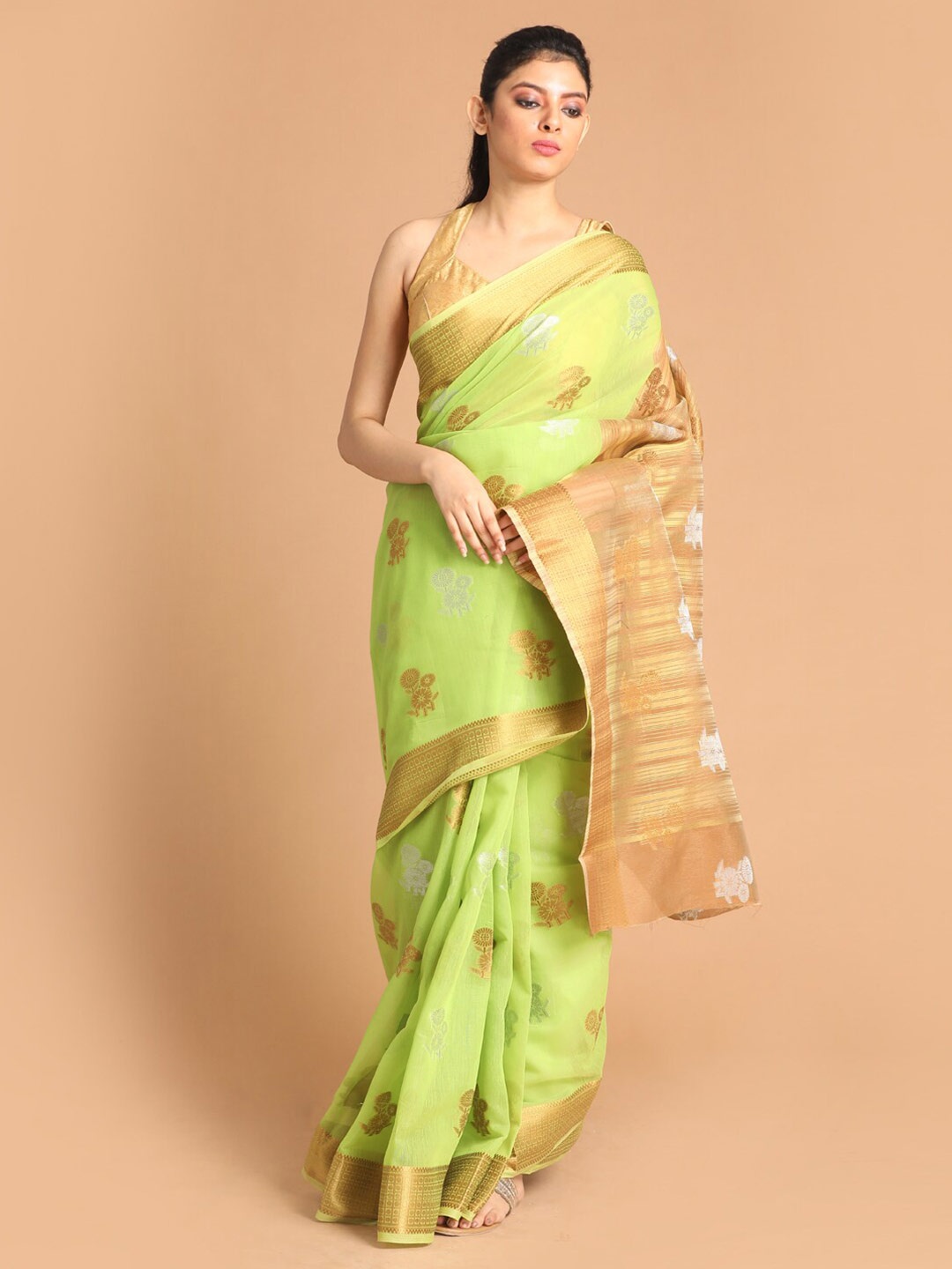 

Saranee Lime Green & Gold-Toned Ethnic Motifs Zari Saree