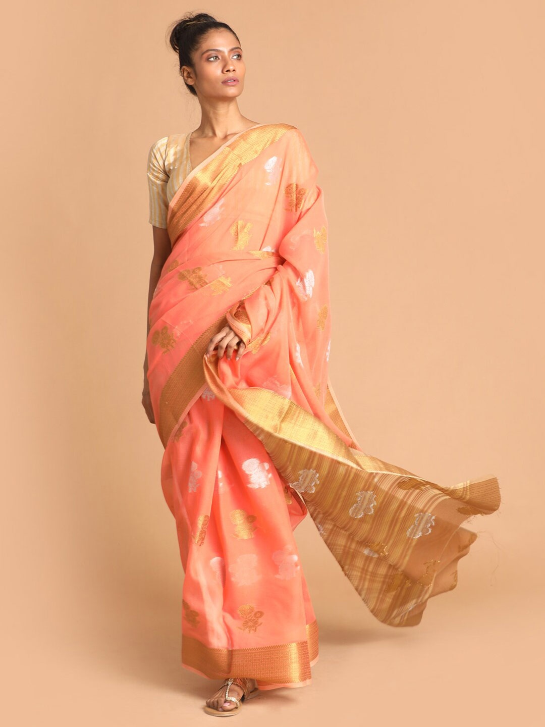 Saranee Orange & Gold-Toned Ethnic Motifs Zari Saree