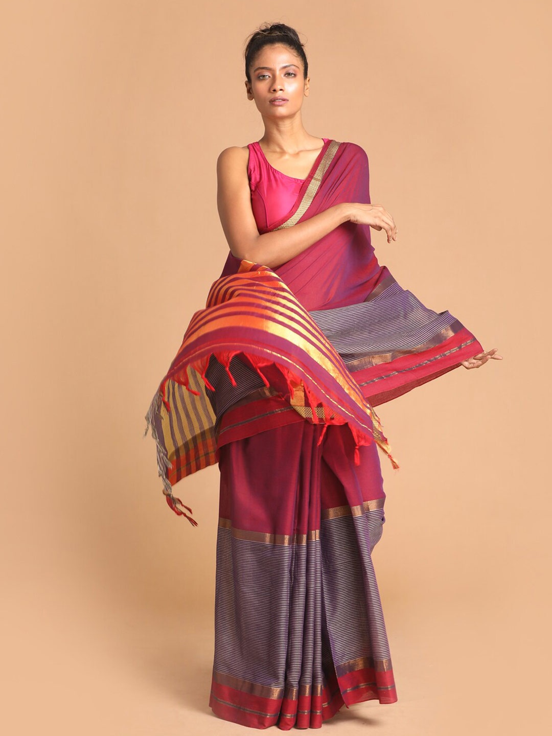 

Indethnic Purple & Maroon Striped Zari Pure Cotton Saree