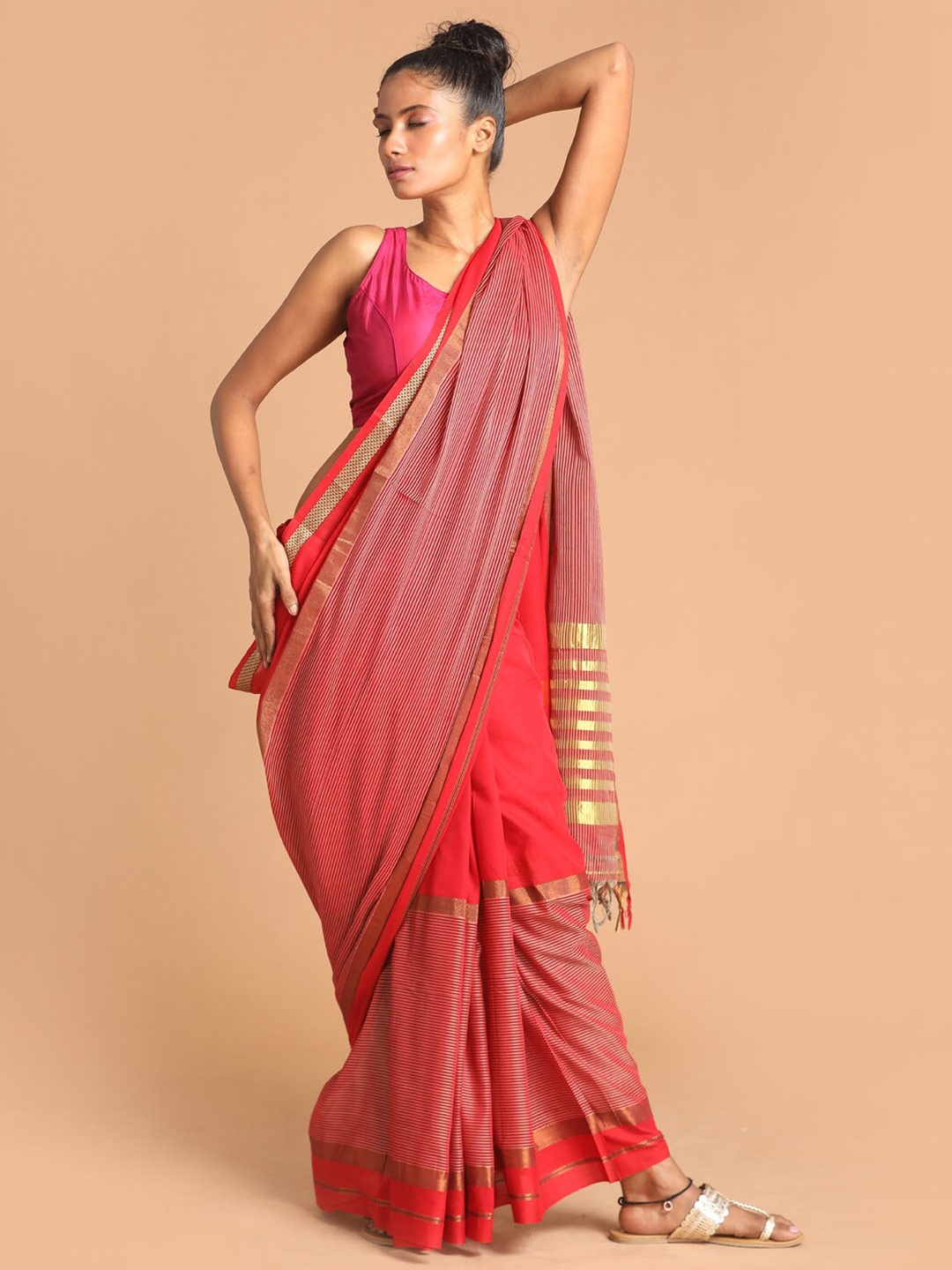 

Saranee Red & Gold-Toned Striped Pure Cotton Saree