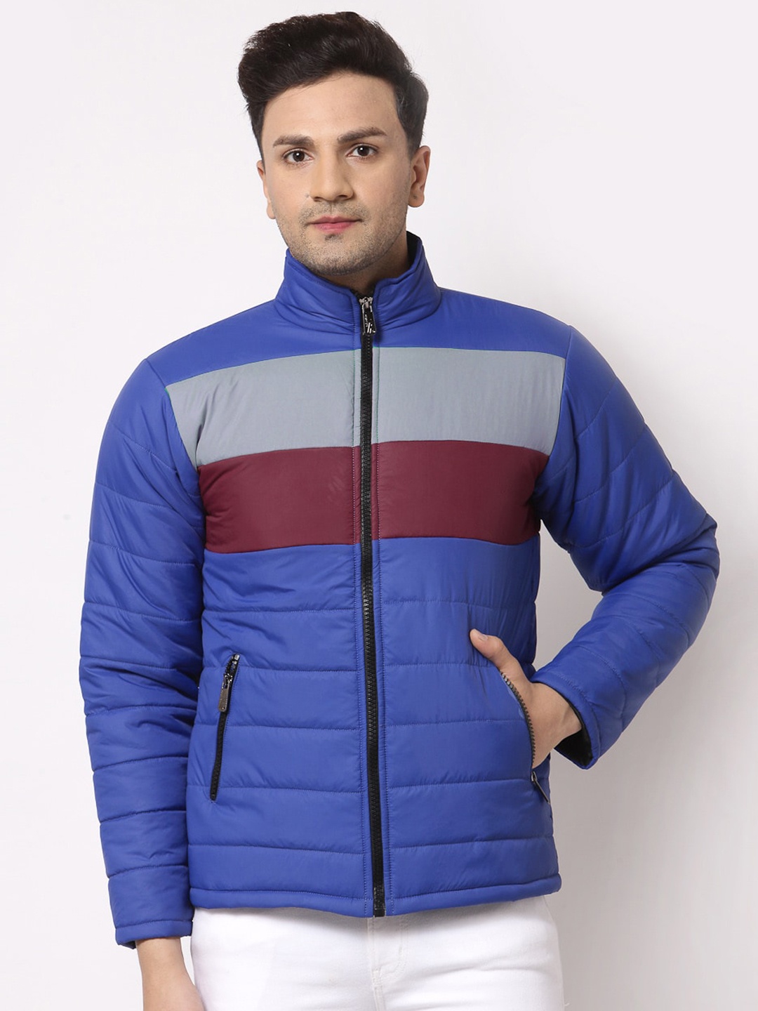 

KLOTTHE Men Blue Maroon Colourblocked Water Resistant Outdoor Padded Jacket