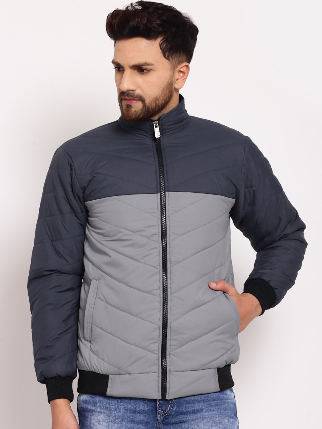 

KLOTTHE Men Grey Colourblocked Water Resistant Outdoor Bomber Jacket