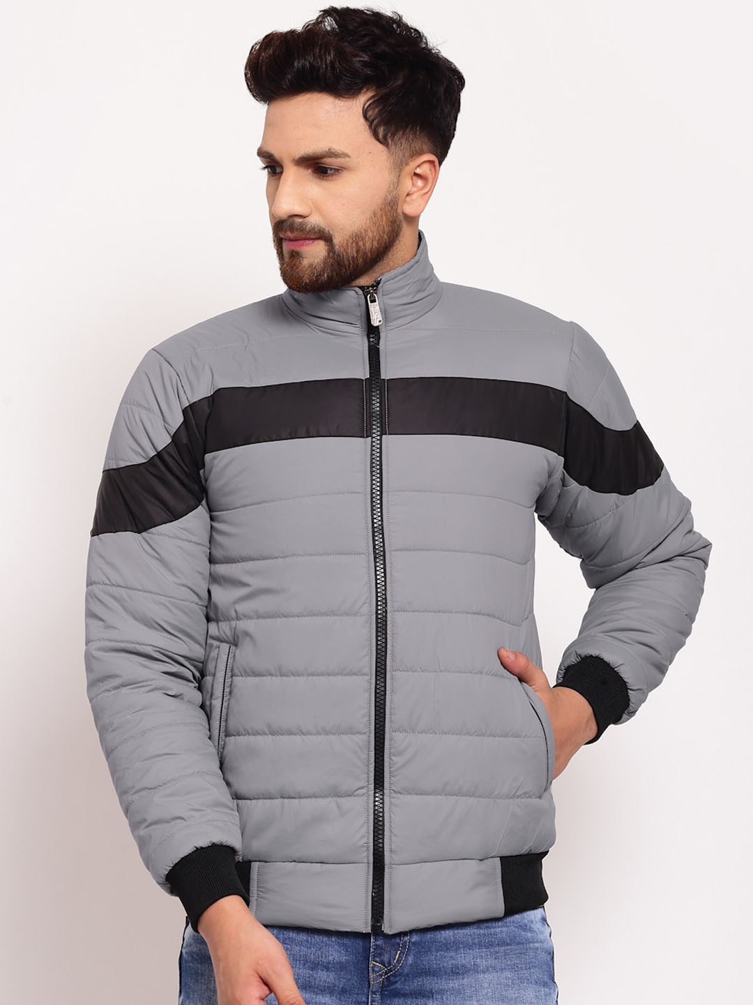 

KLOTTHE Men Grey Black Colourblocked Water Resistant Outdoor Padded Jacket