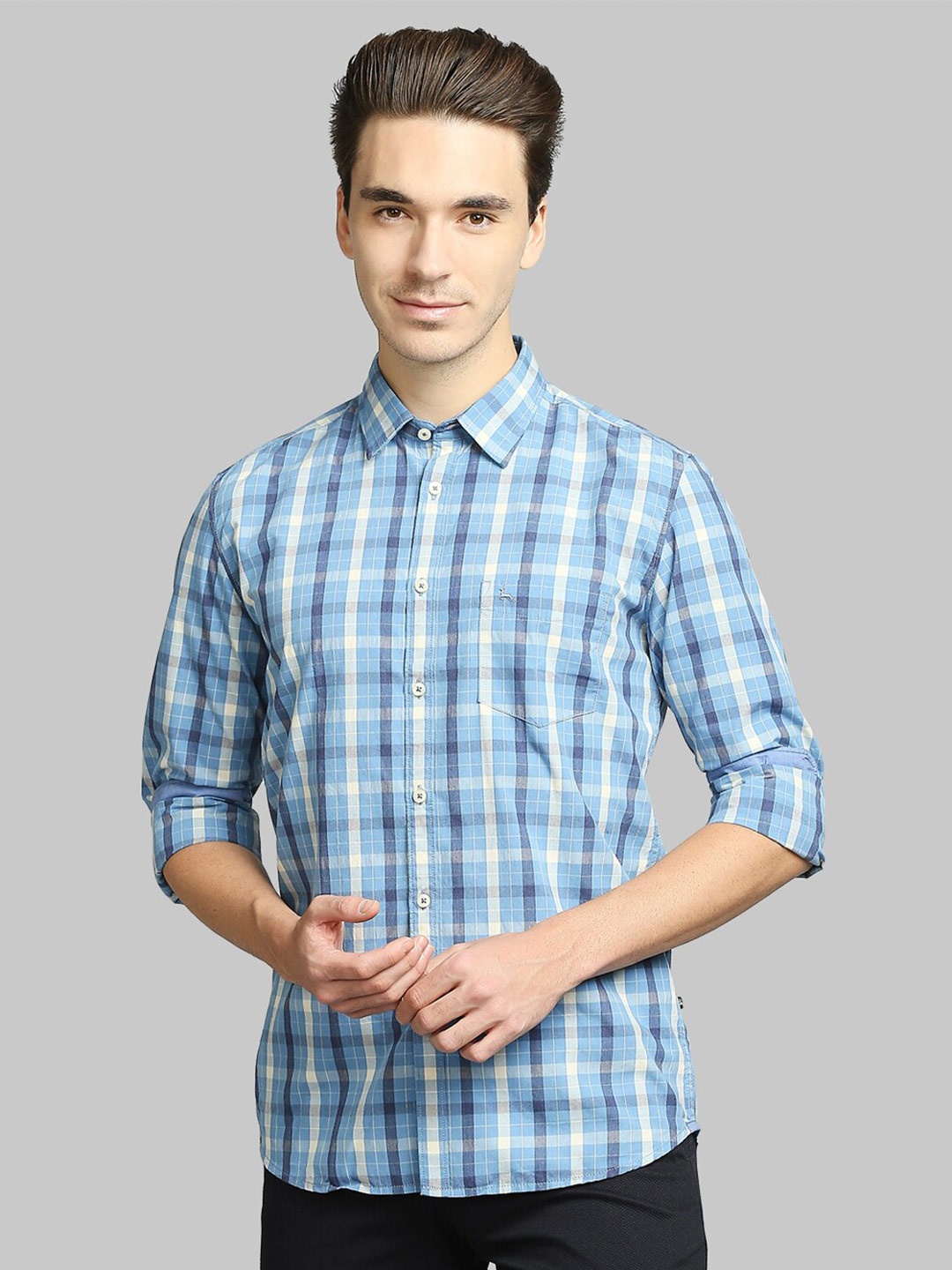 Parx Men Blue Slim Fit Tartan Checks Checked Casual Shirt