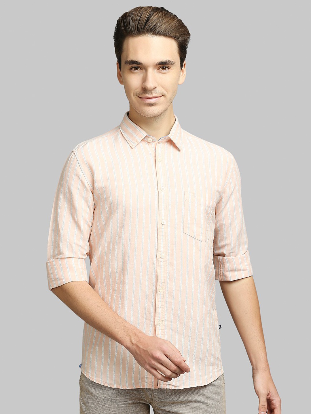 

Parx Men Peach-Coloured Slim Fit Striped Casual Shirt