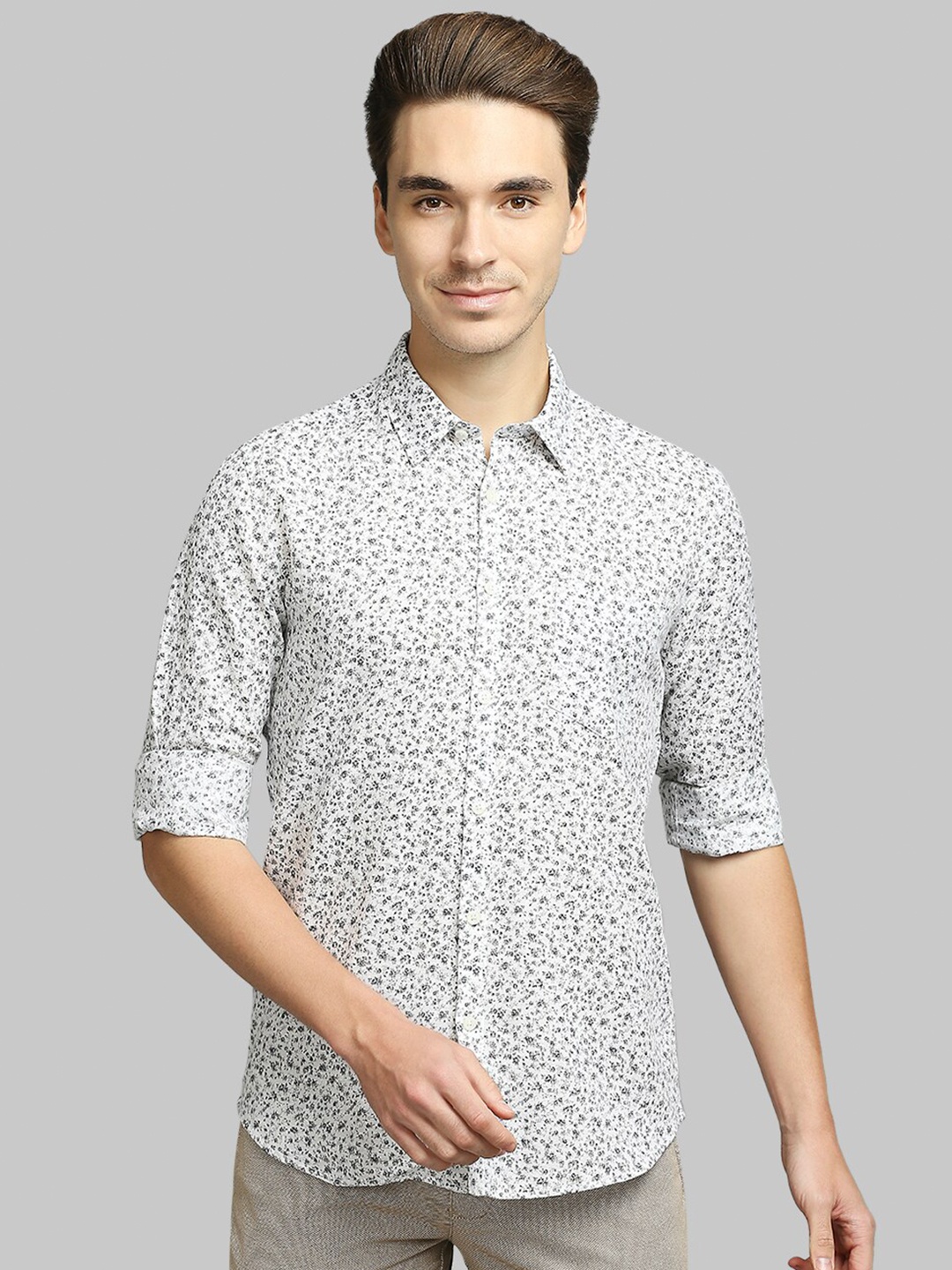 Parx Men Grey Slim Fit Floral Printed Casual Shirt