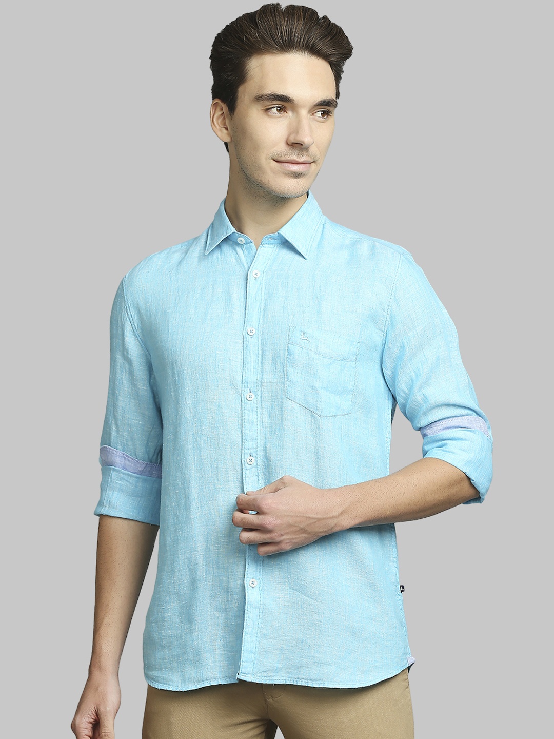 

Parx Men Blue Solid Slim Fit Linen Casual Shirt