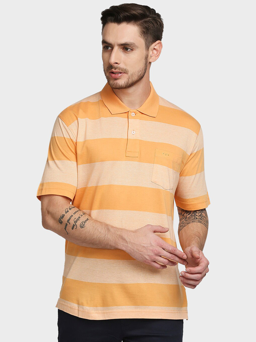 

ColorPlus Men Orange Striped Polo Collar Pockets T-shirt