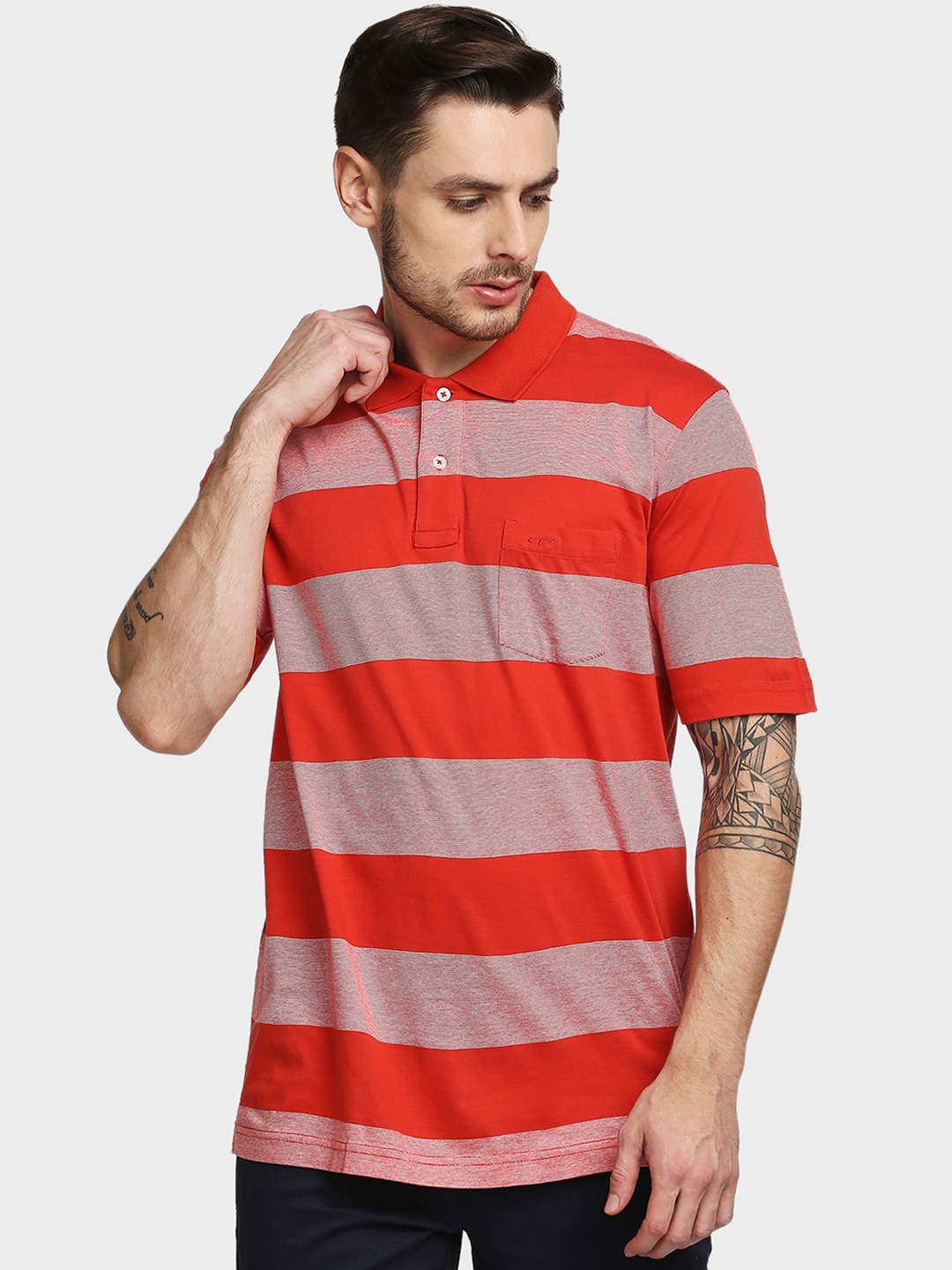 

ColorPlus Men Red & Coral Striped Polo Collar Cotton T-shirt