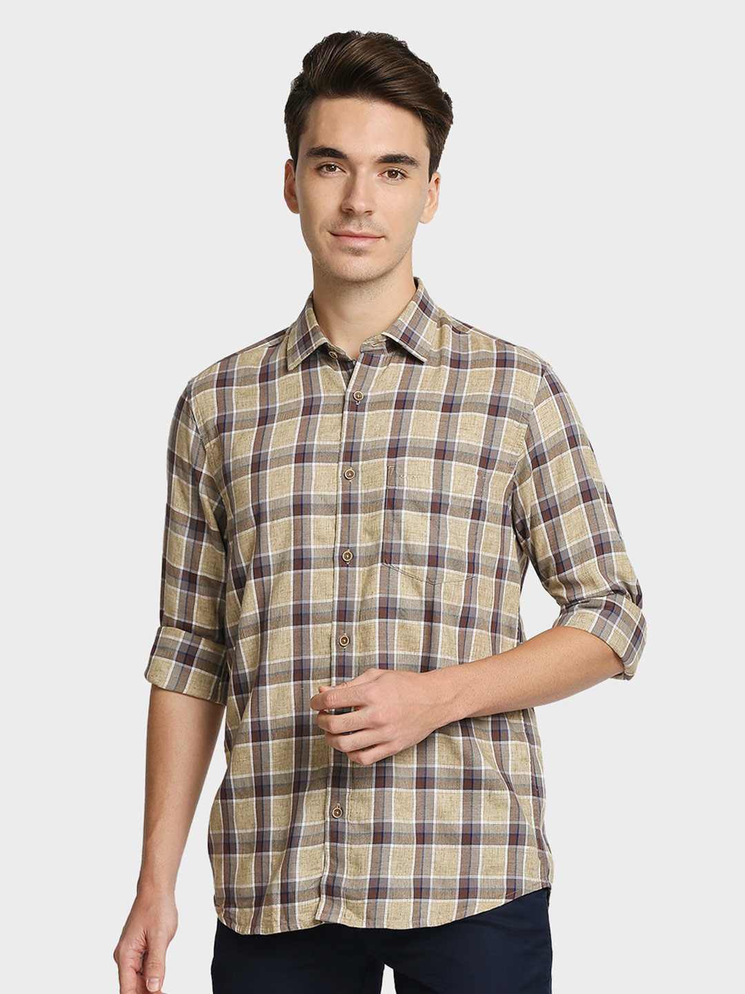 

ColorPlus Men Beige & Grey Tartan Checks Checked Casual Shirt