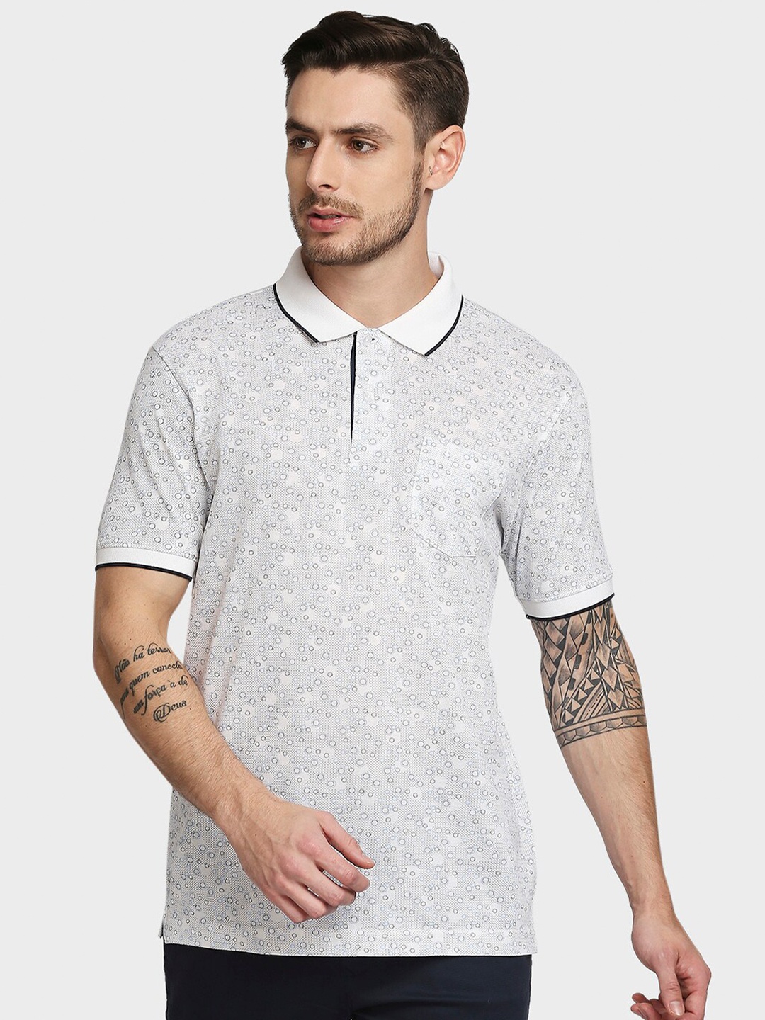 

ColorPlus Men White Printed Polo Collar Pockets T-shirt