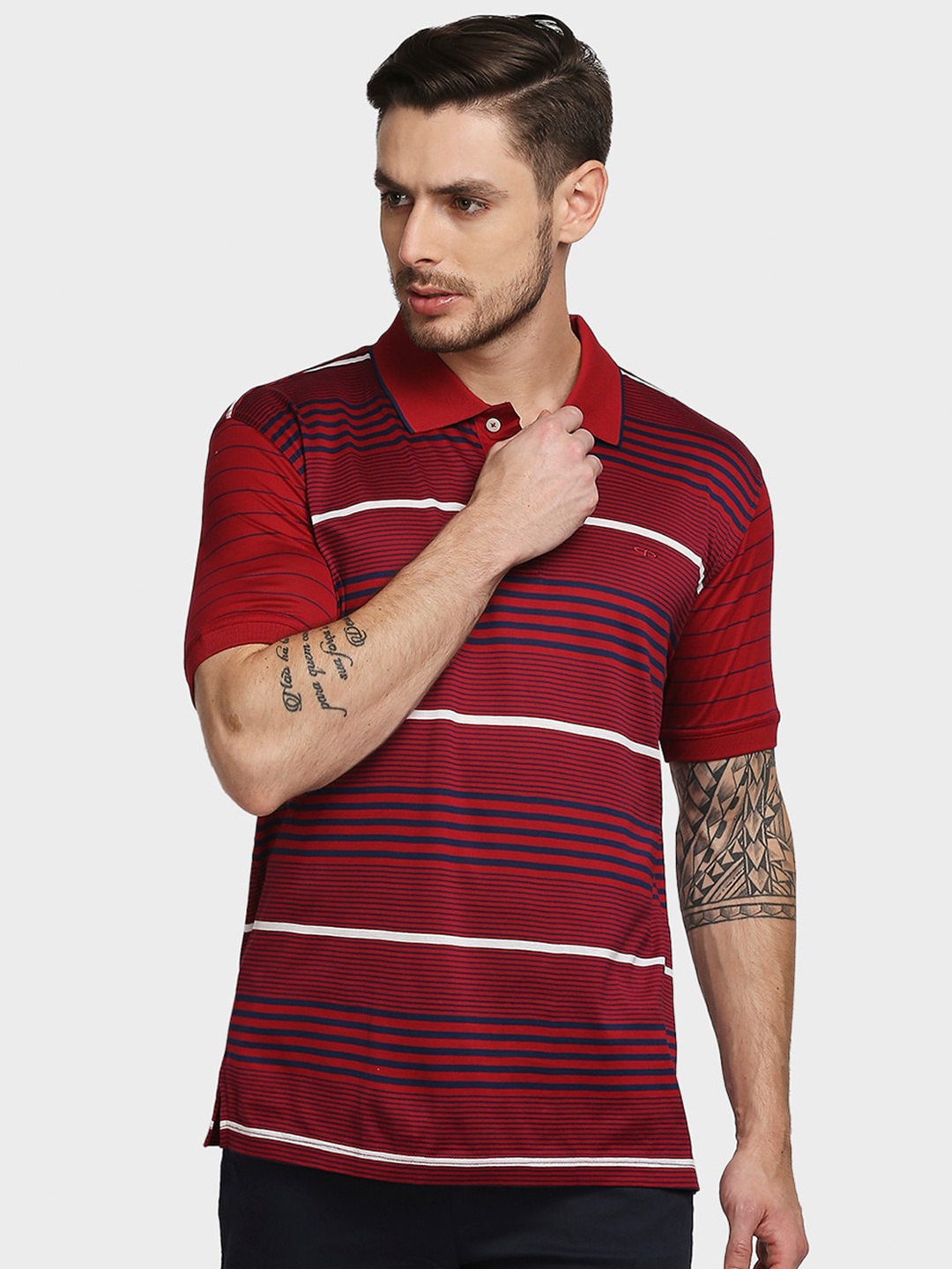 

ColorPlus Men Red Striped Polo Collar Pockets T-shirt