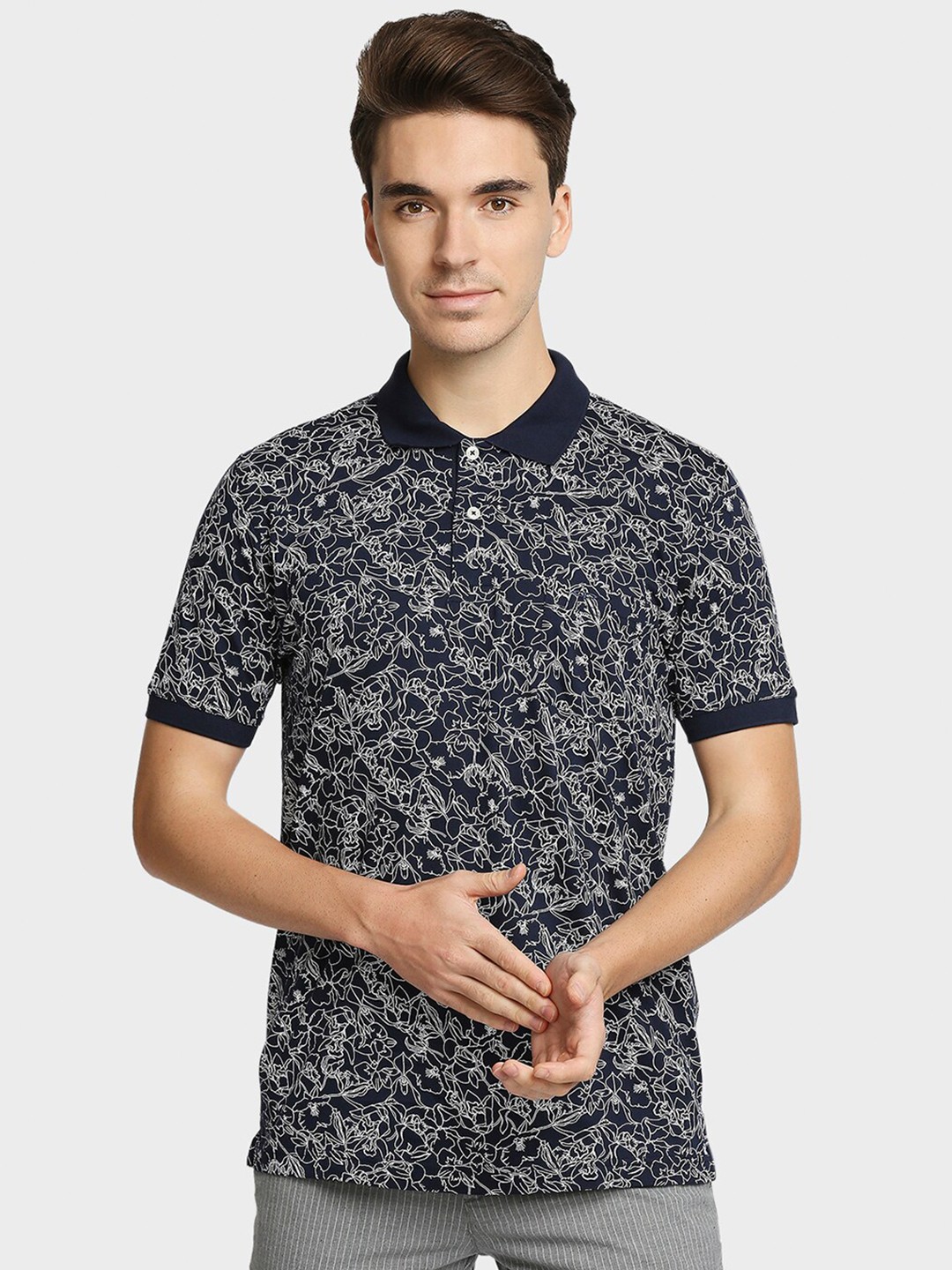 

ColorPlus Men Navy Blue Floral Printed Polo Collar Pockets T-shirt