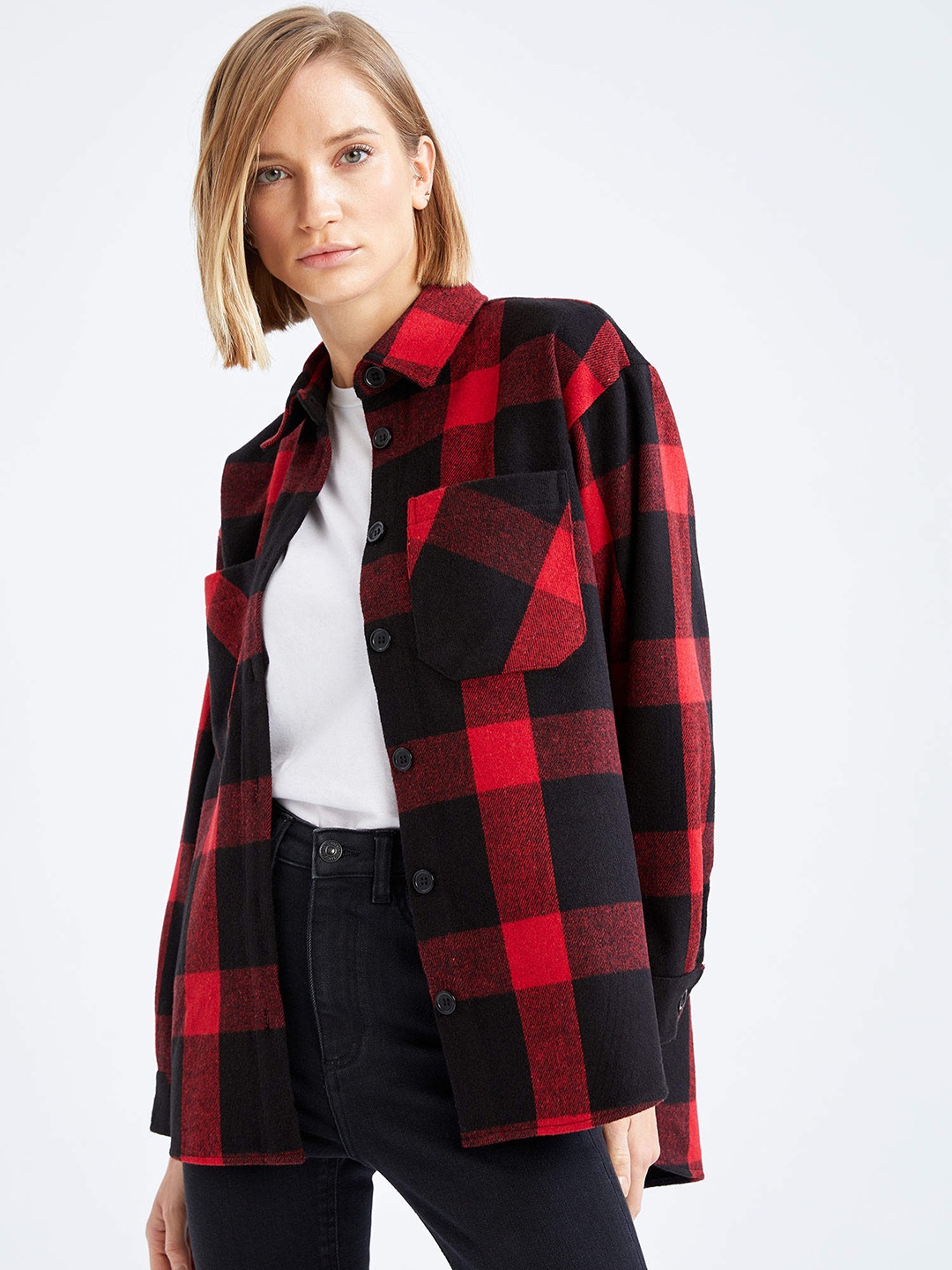 

DeFacto Women Red & Black Flannel Buffalo Checks Oversize Fit Winter Casual Shirt