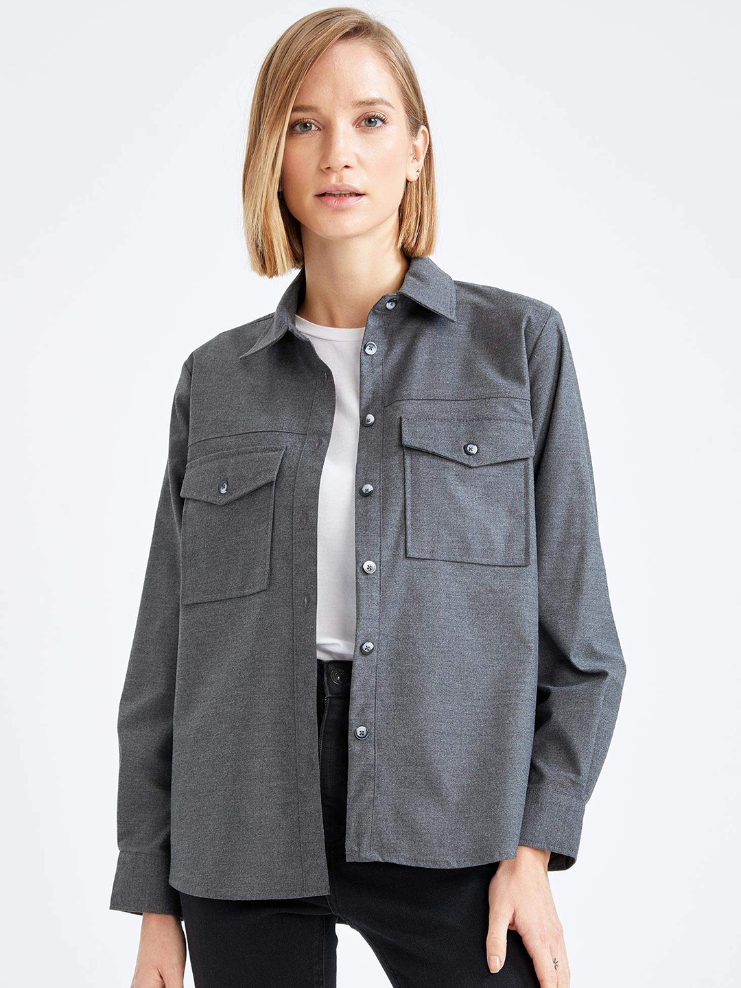 

DeFacto Women Charcoal Grey Solid Oversized Fit Casual Shirt