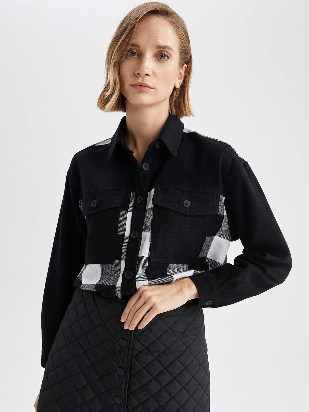 

DeFacto Women Black & White Tartan Checked Casual Shirt