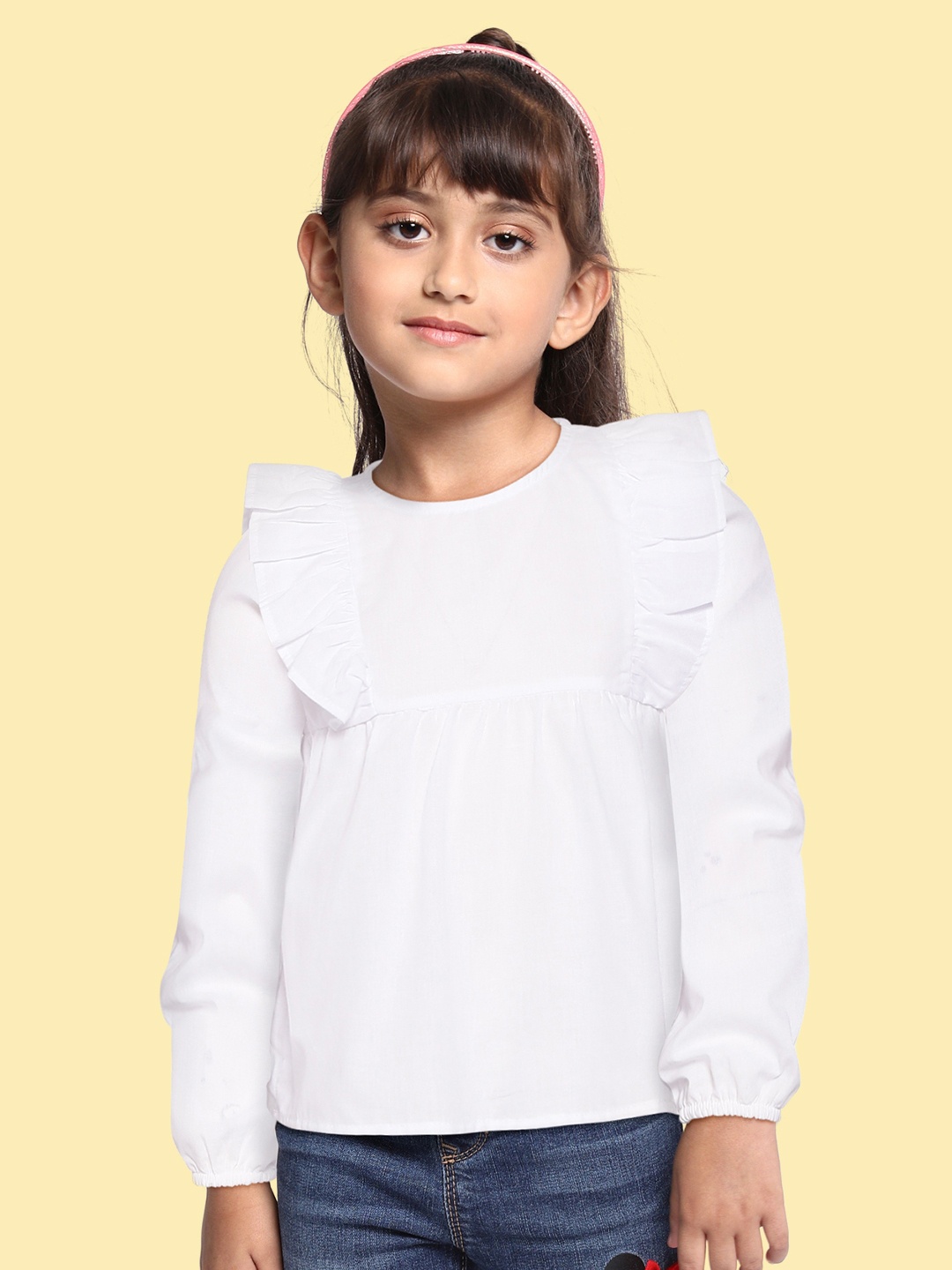 

DeFacto Girls White Solid Pure Cotton A-Line Top with Ruffle detail