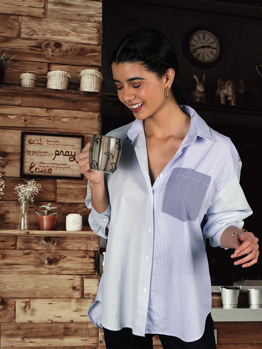 

DeFacto Women Blue Cotton Striped Longline Oversized Fit Casual Shirt