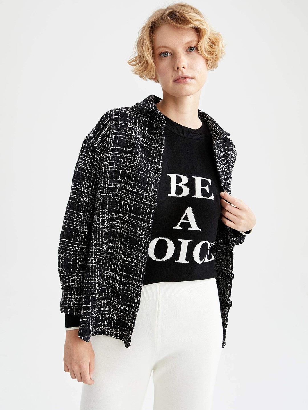 

DeFacto Women Black & White Self-Design Shacket