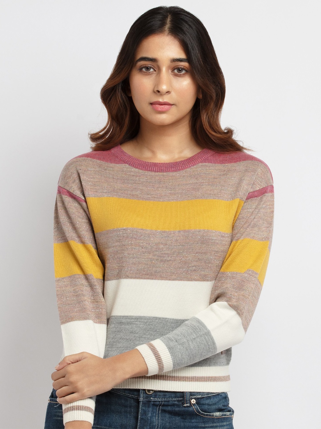 

Status Quo Women Mustard & White Striped Pullover