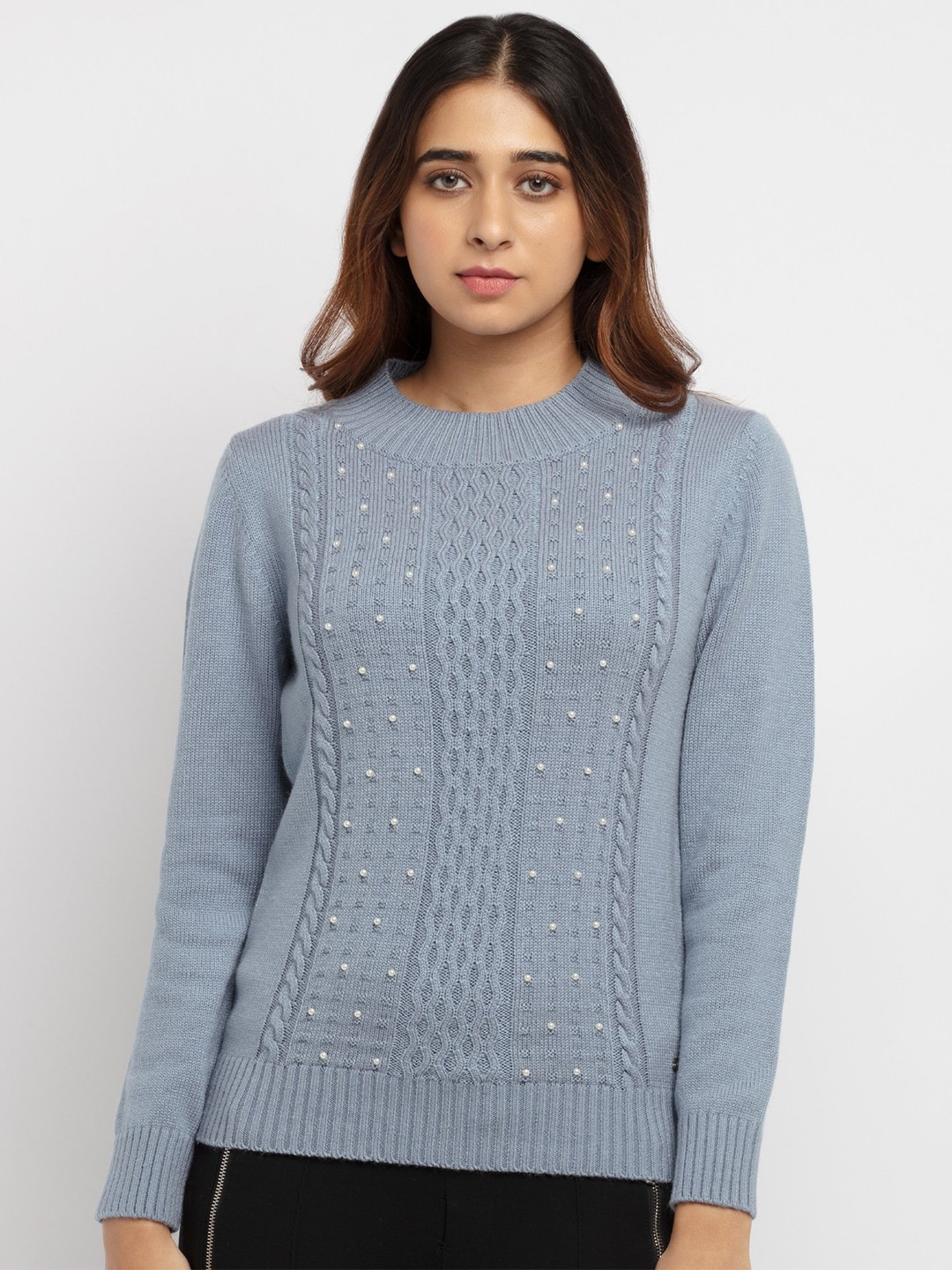 

Status Quo Women Grey & White Embroidered Pullover