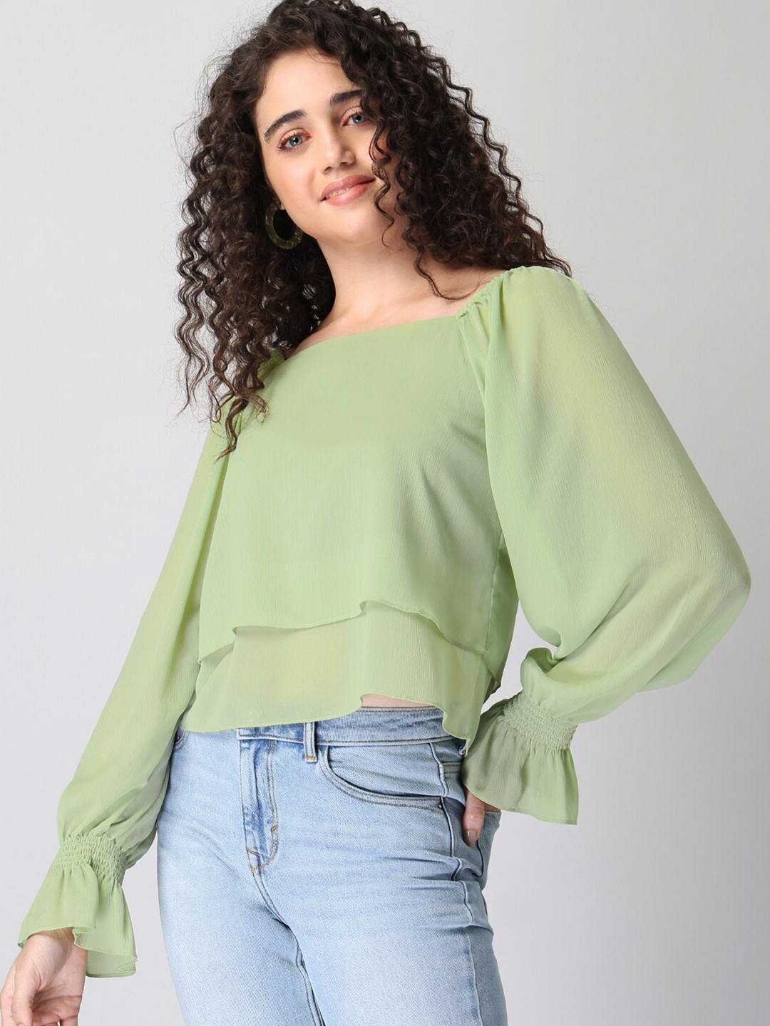 

FabAlley Green Off-Shoulder Georgette Bardot Crop Top