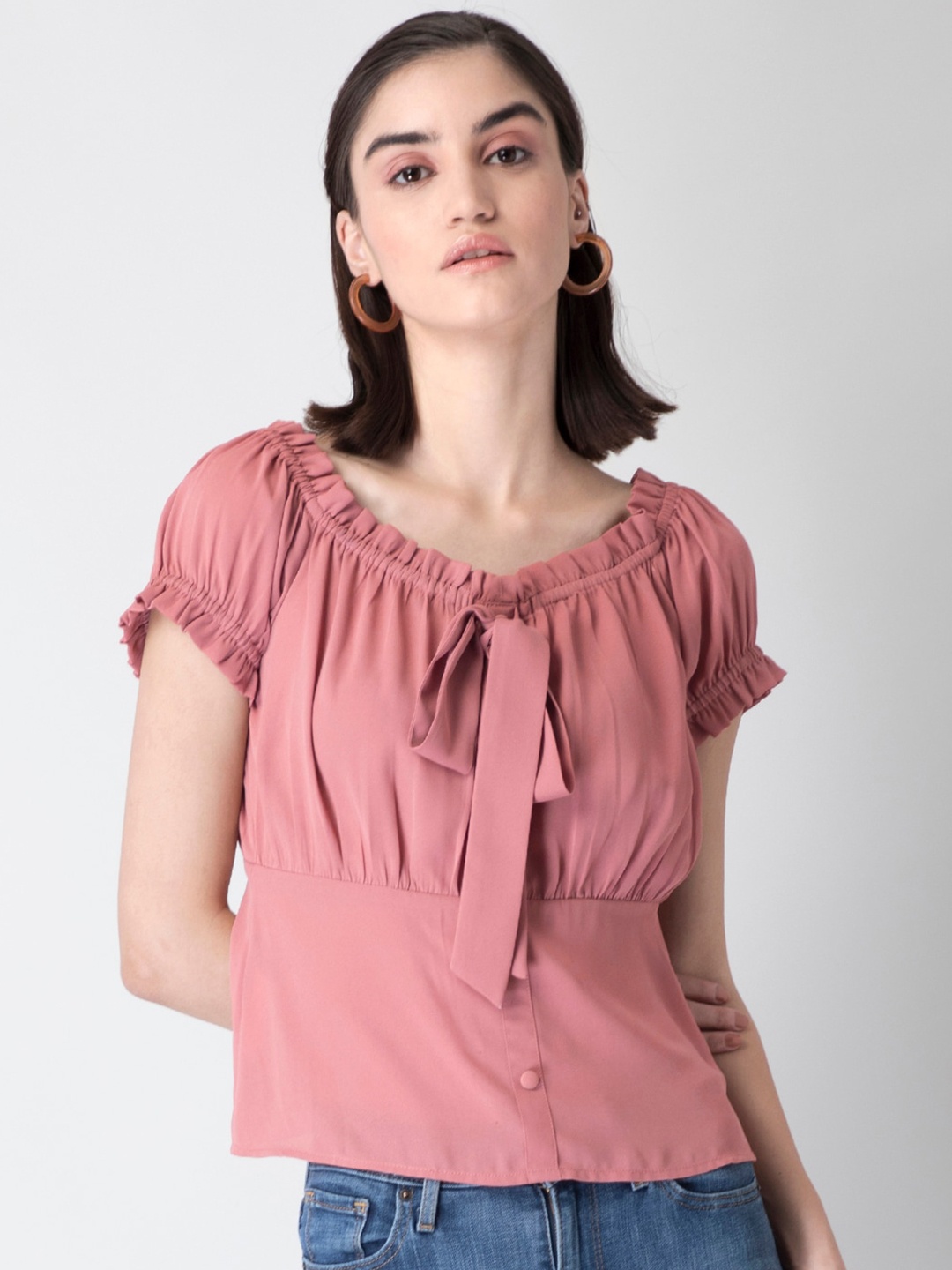 

FabAlley Pink Ruffled Front Knot Crepe Top