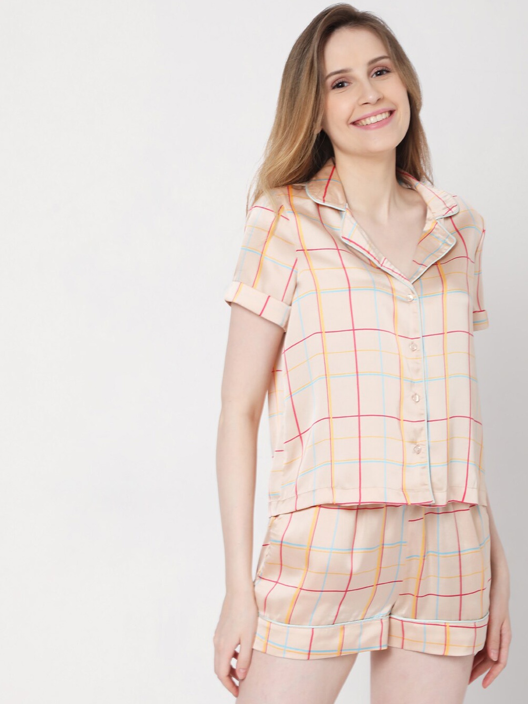 

Vero Moda Women Beige & Pink Checked Night suit