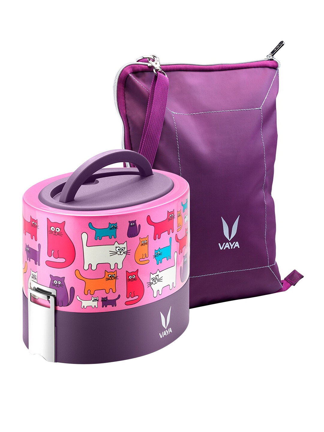 

Vaya Kids Pink & Purple Printed Stainless Steel Lunch Box with Bagmat - 600 ml