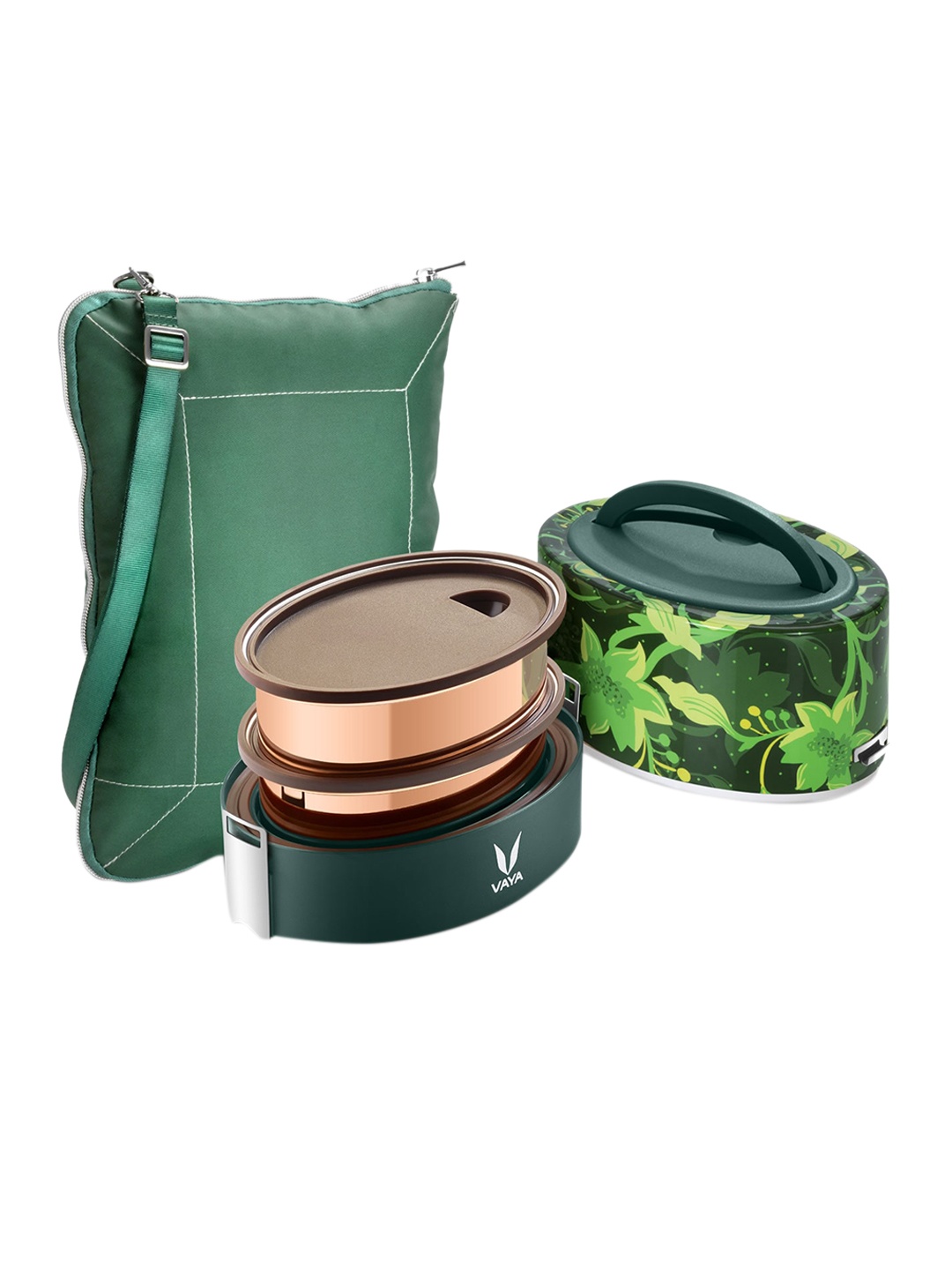 

Vaya Green & Copper-Toned Floral Tyffyn Lunch Box with BagMat - 600ml