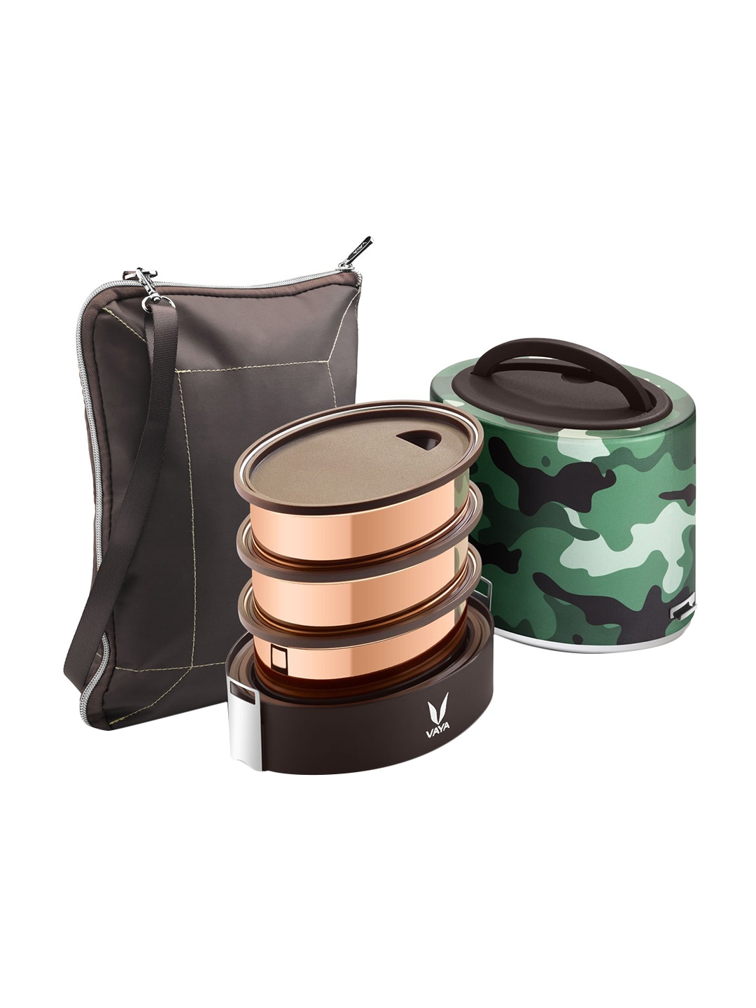 

Vaya Green Lunch Box with Bagmat & Three Copper Finished Containers 1000ml