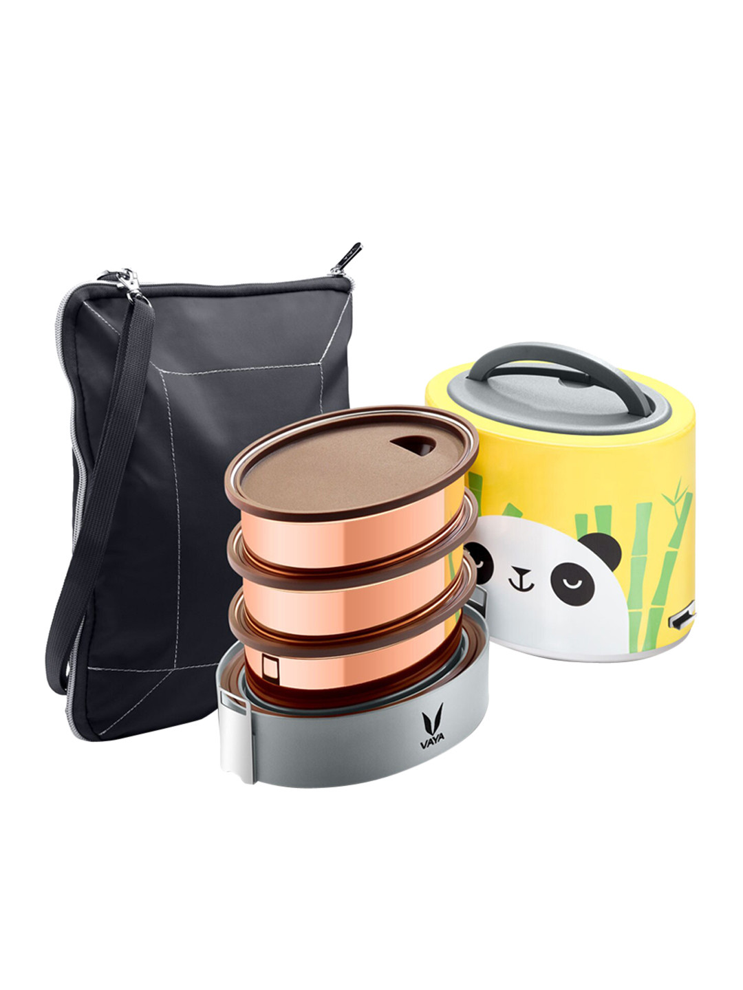 

Vaya Yellow & Copper-Toned Panda Printed Tyffyn Lunch Box with Bagmat - 1000 ml