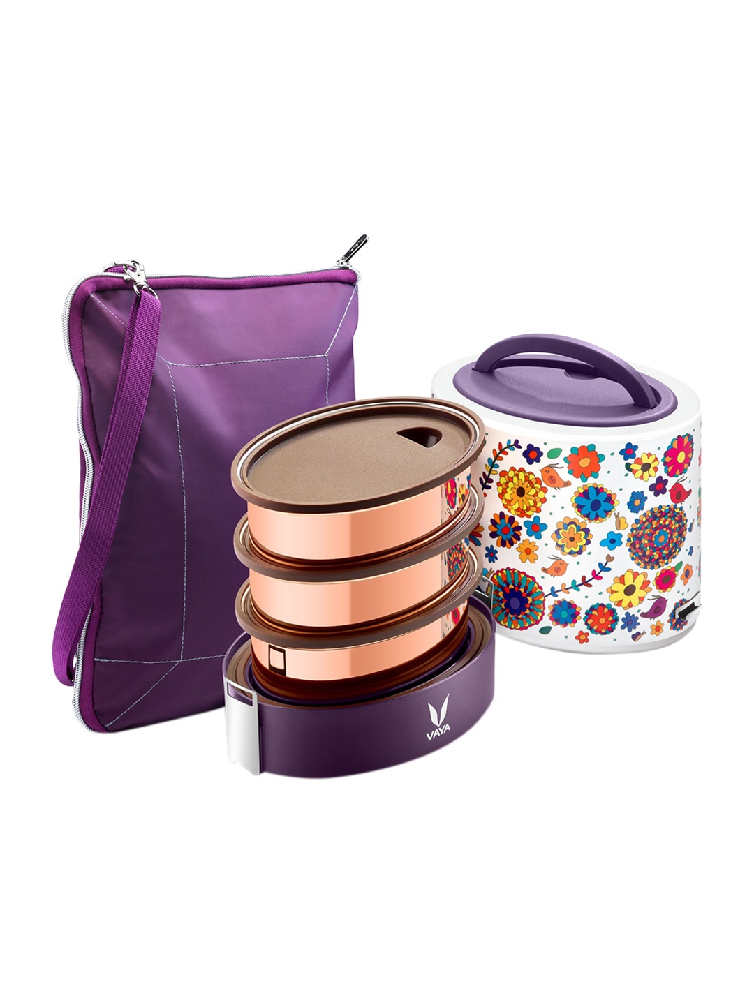 

Vaya Purple Lunch Box with Bagmat & Three Copper Finished Containers 1000ml