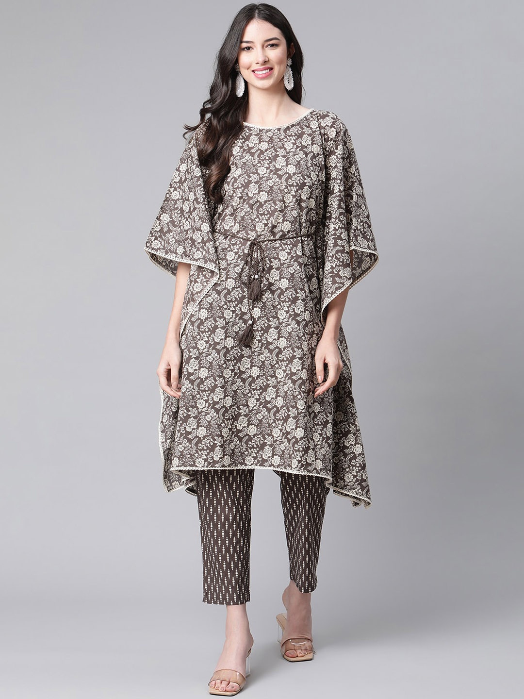 

Indibelle Women Coffee Brown Floral Printed Pure Cotton Kurta with Trousers