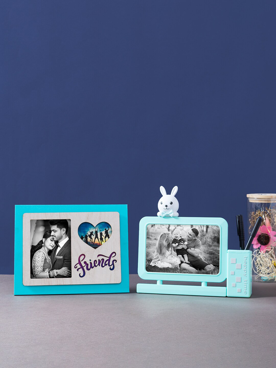 

Golden Peacock Set Of 2 Friends & Teddy Bear Table Photo Frames, Turquoise blue