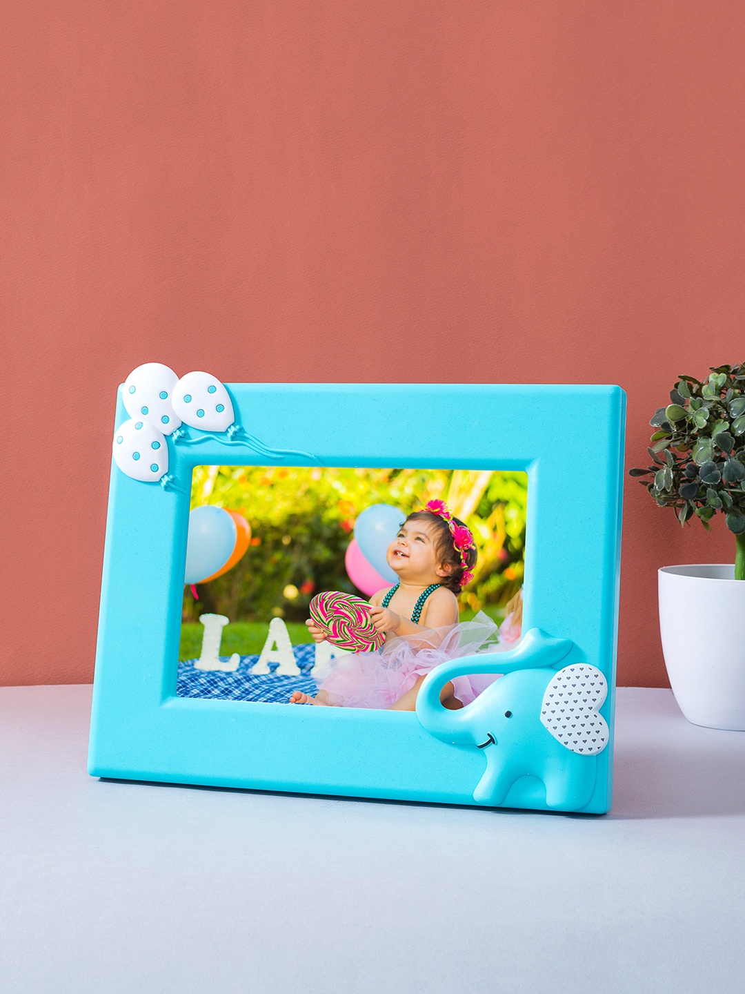 

Golden Peacock Blue Solid Cute Baby Elephant Horizontal Table-Top Photo Frame