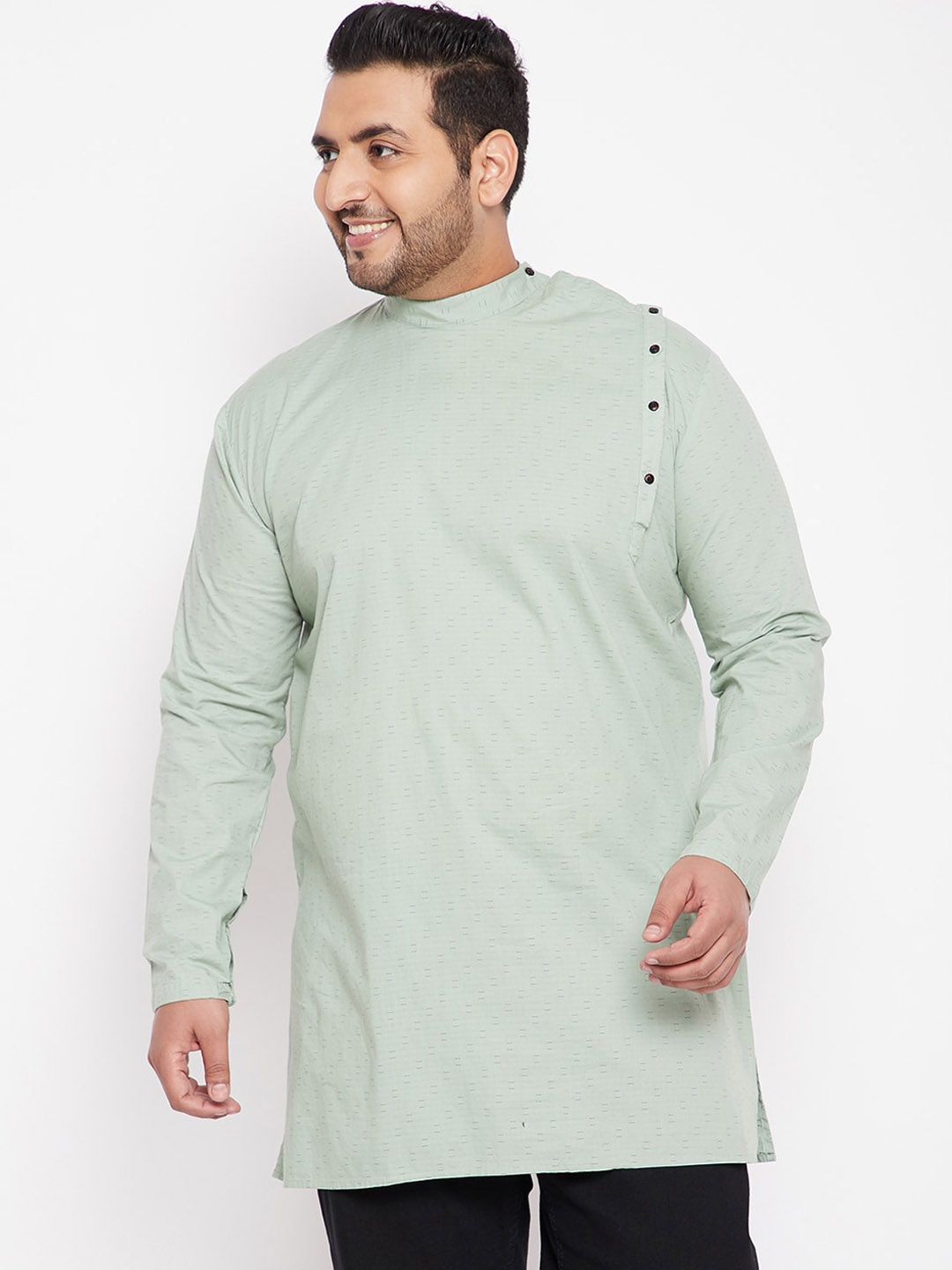 

SHOWOFF Men Green Woven Design Angrakha Plus Size Kurta