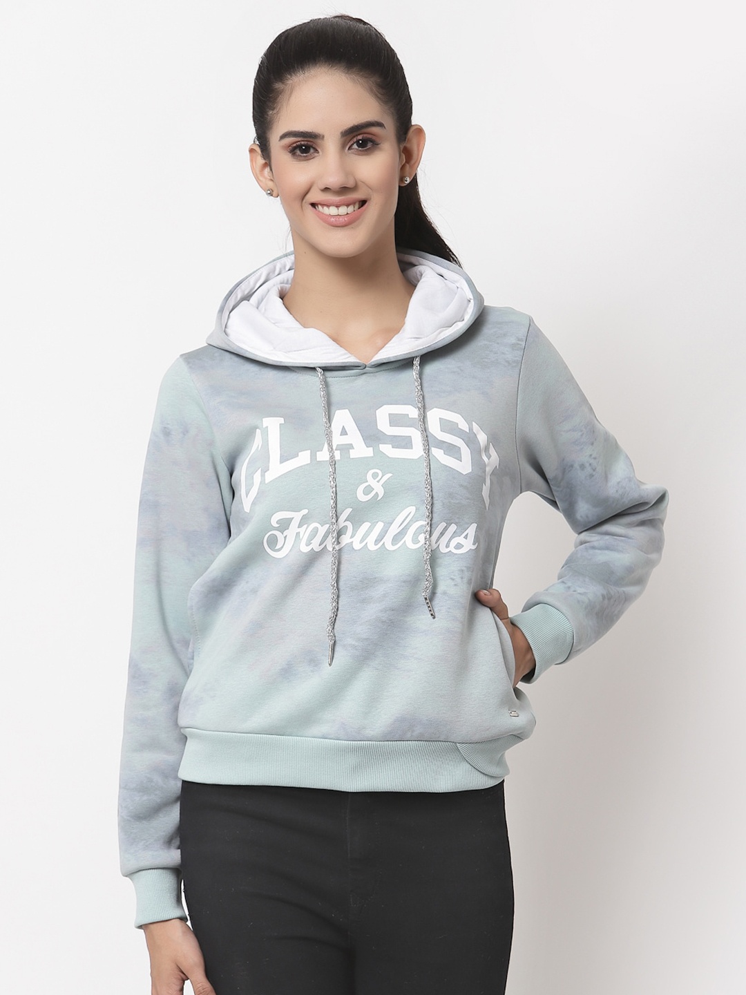 Juelle Women Blue Printed Hooded Sweatshirt