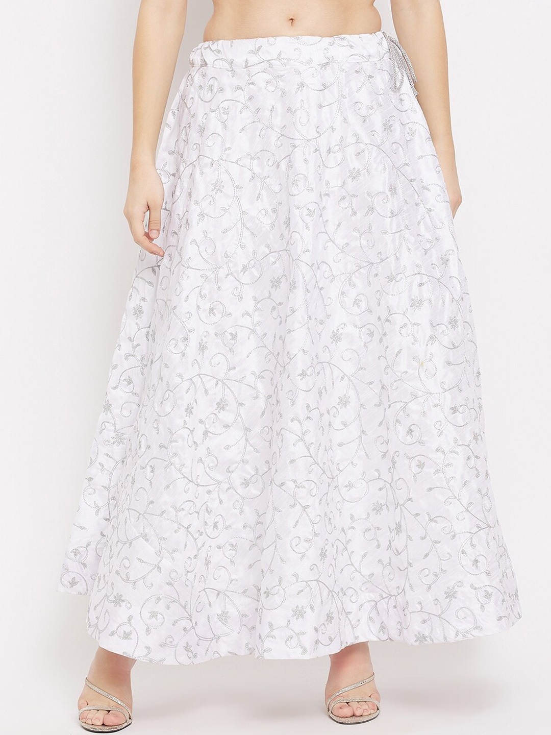 

Clora Creation Women White & Silver-Coloured Embellished Flared Maxi Skirt