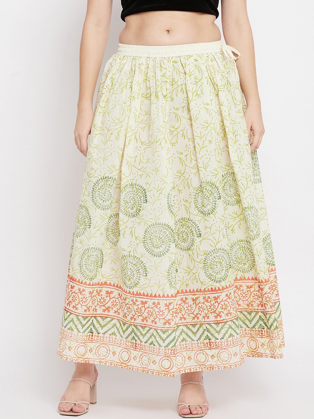 

Clora Creation Women Cream-Coloured & Green Printed Pure Cotton Flared Maxi Skirt