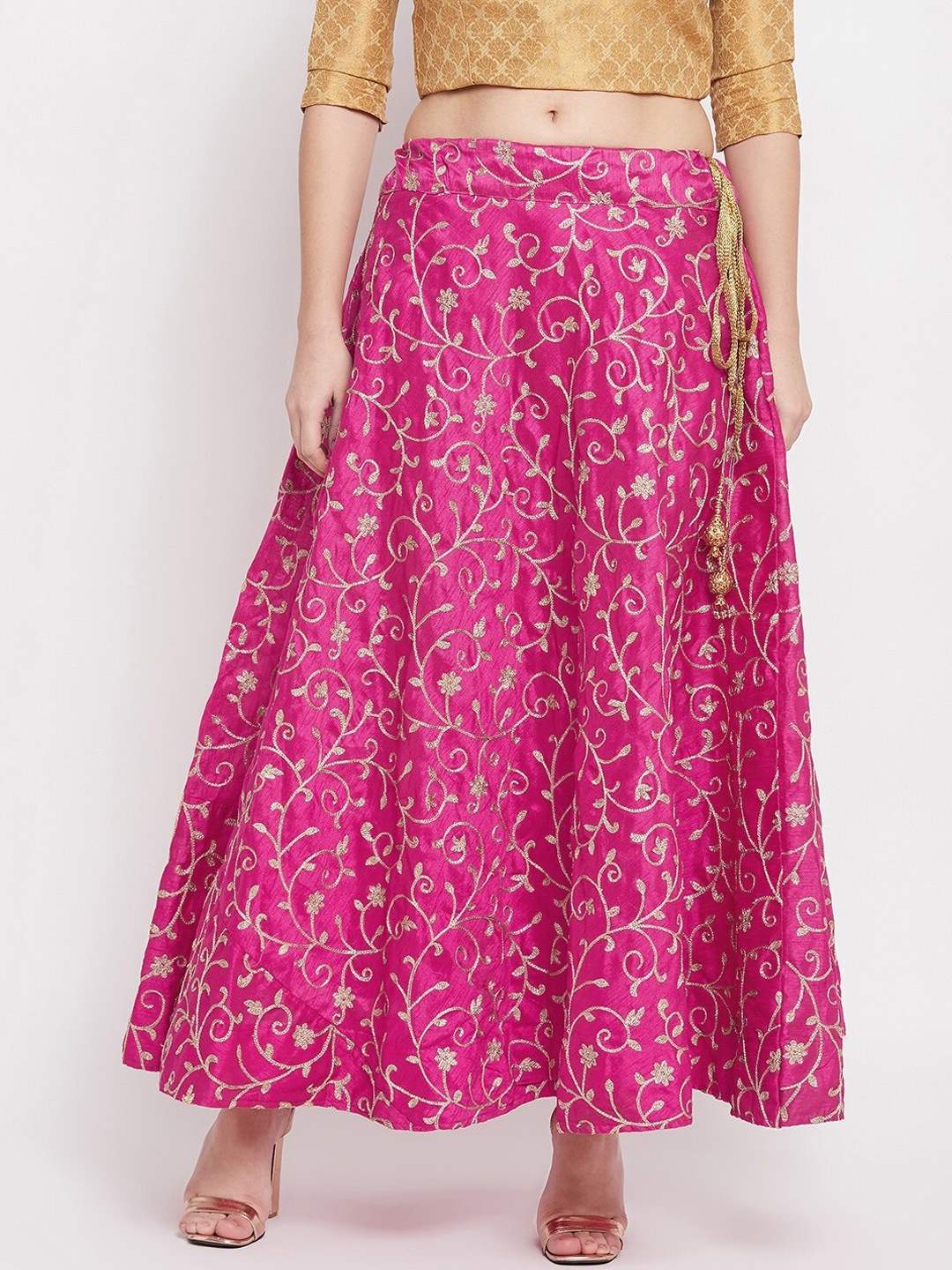 

Clora Creation Women Magenta-Pink & Gold-Coloured Embroidered Flared Maxi Skirt