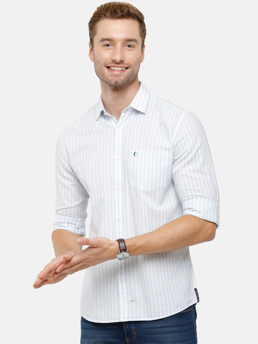 

CAVALLO by Linen Club Men Blue Linen Cotton Grid Tattersall Checks Striped Casual Shirt