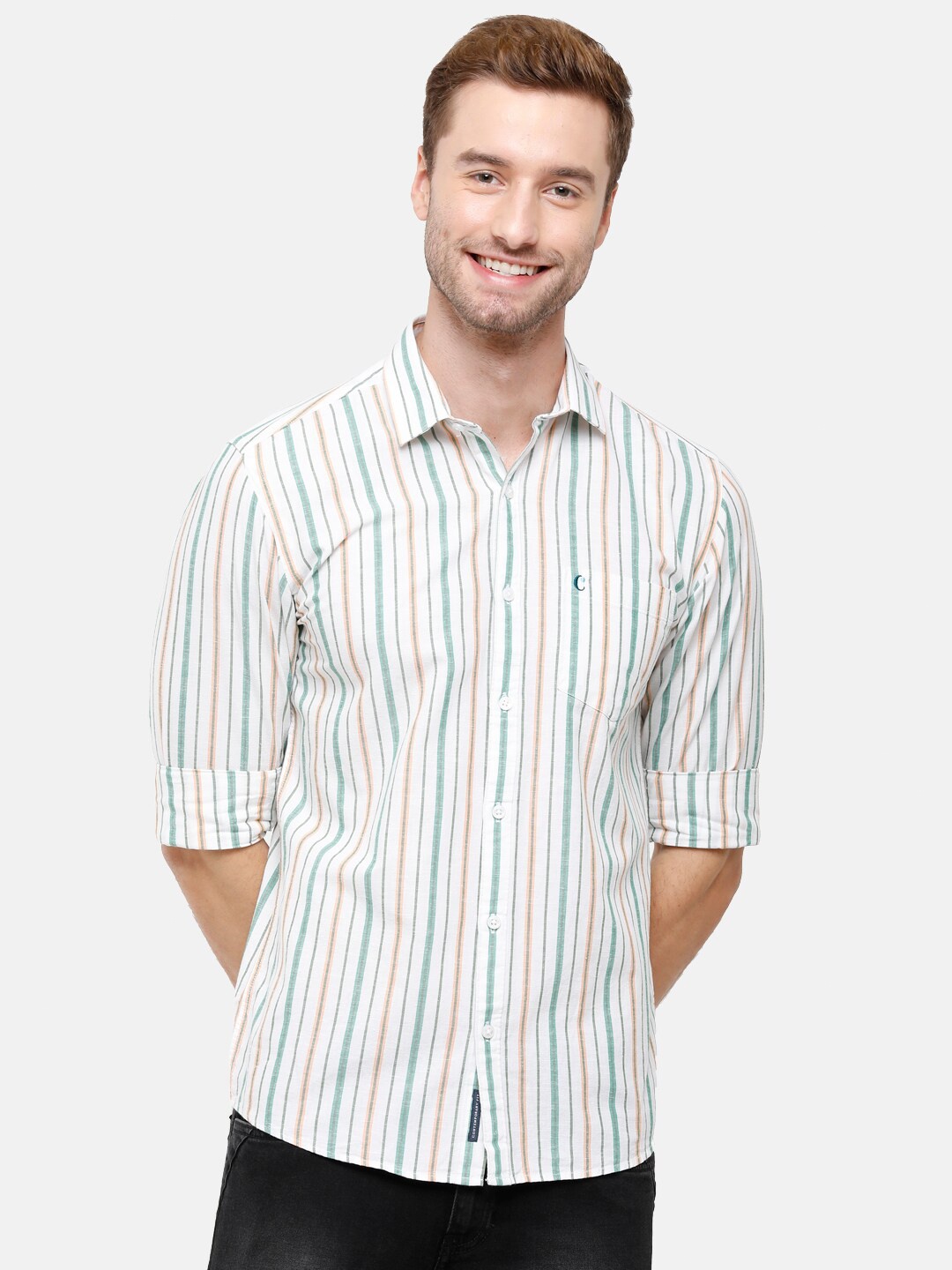 

CAVALLO by Linen Club Men White & Green Striped Cotton-Linen Casual Shirt