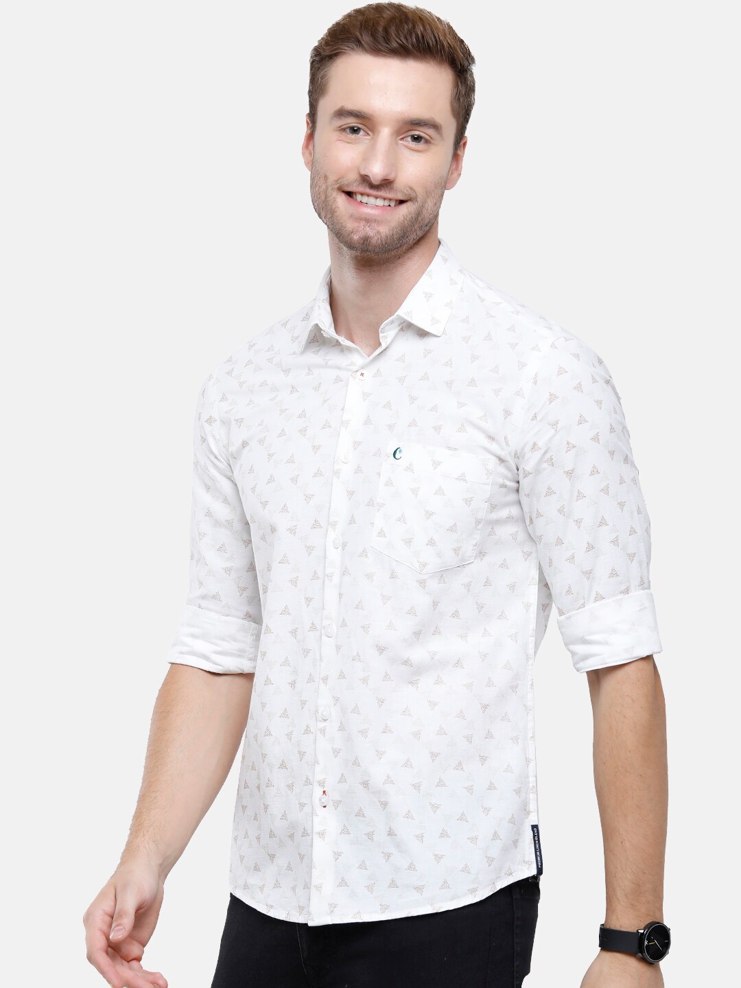 

CAVALLO by Linen Club Men White Printed Cotton-Linen Casual Shirt