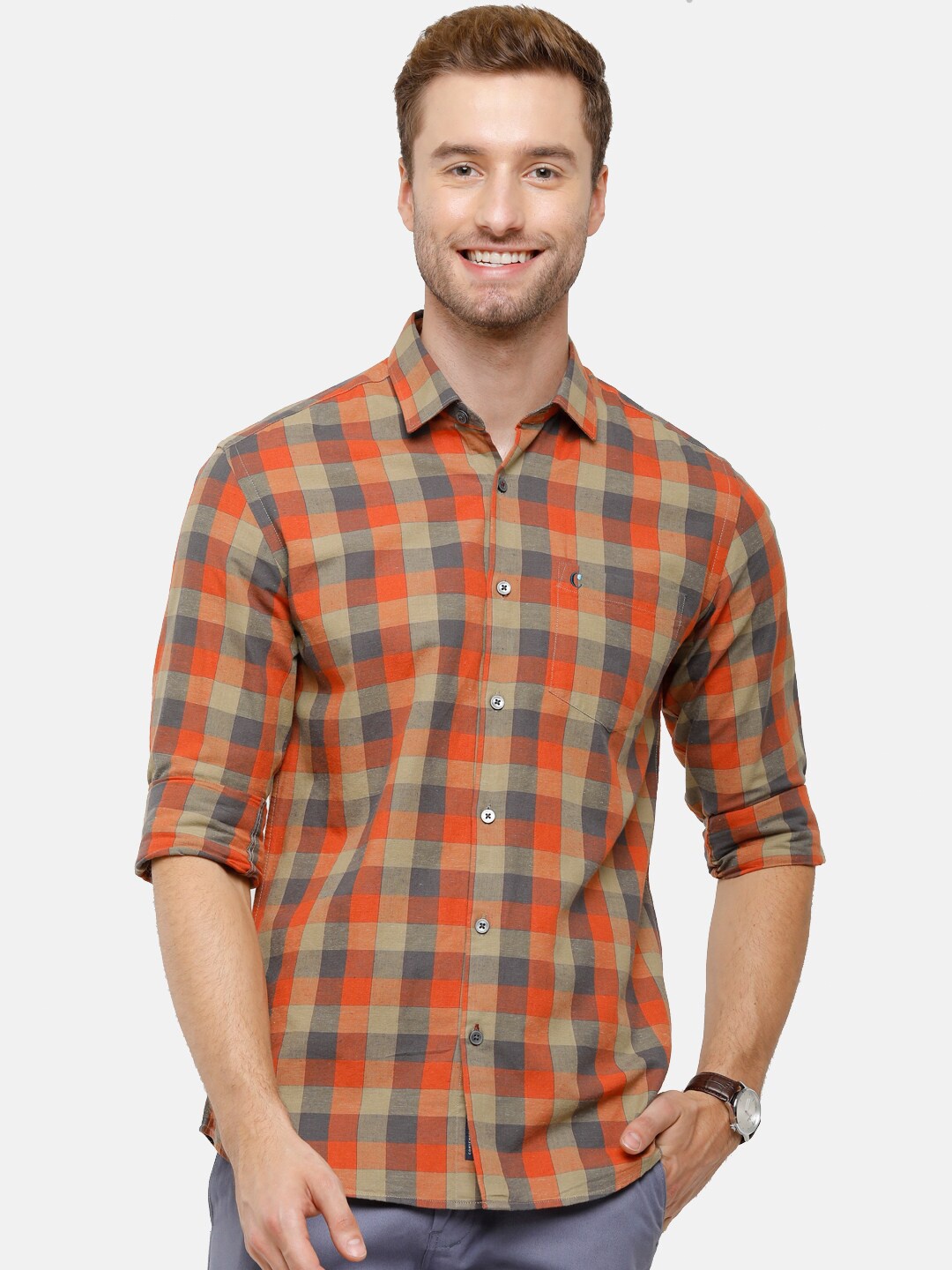 

CAVALLO by Linen Club Men Orange Linen Cotton Checked Casual Shirt