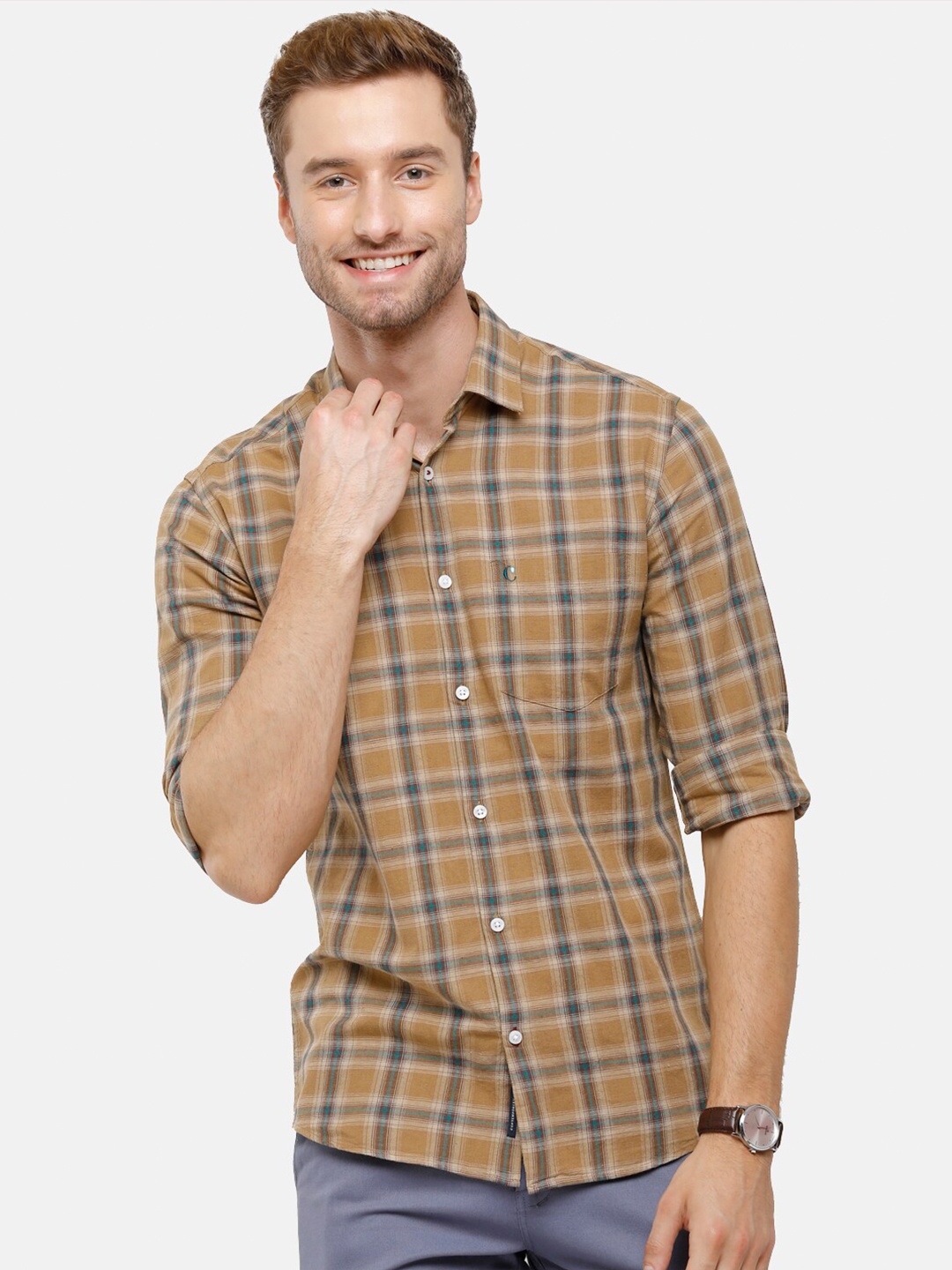 

CAVALLO by Linen Club Men Brown Tartan Checks Checked Casual Shirt