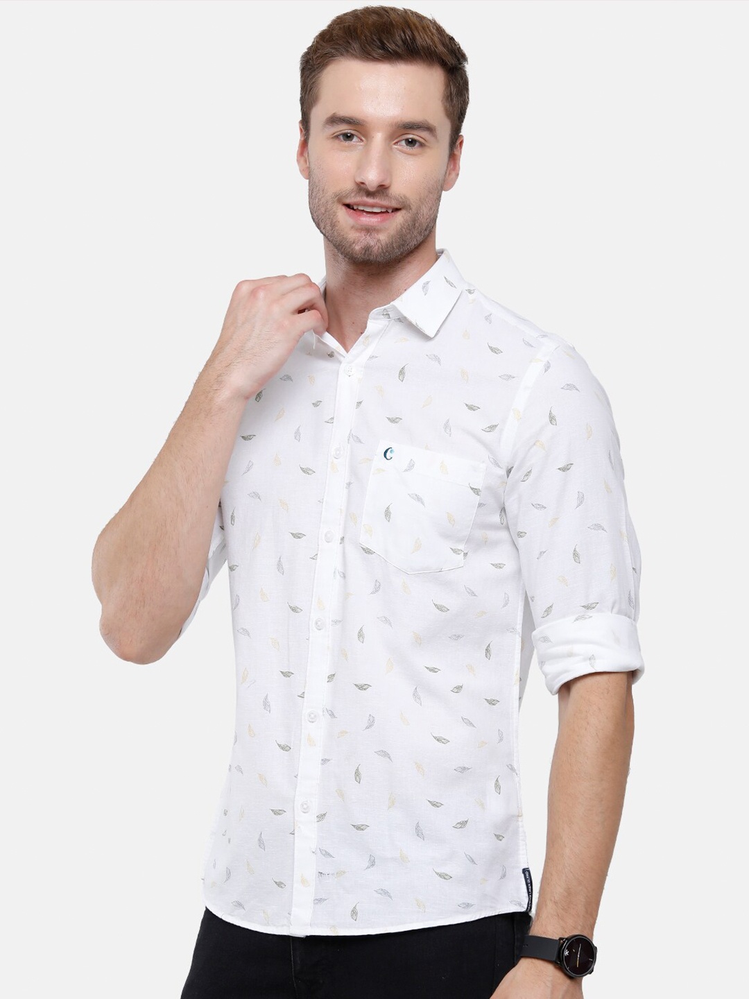 

CAVALLO by Linen Club Men White Floral Printed Regular Fit Cotton-Linen Casual Shirt