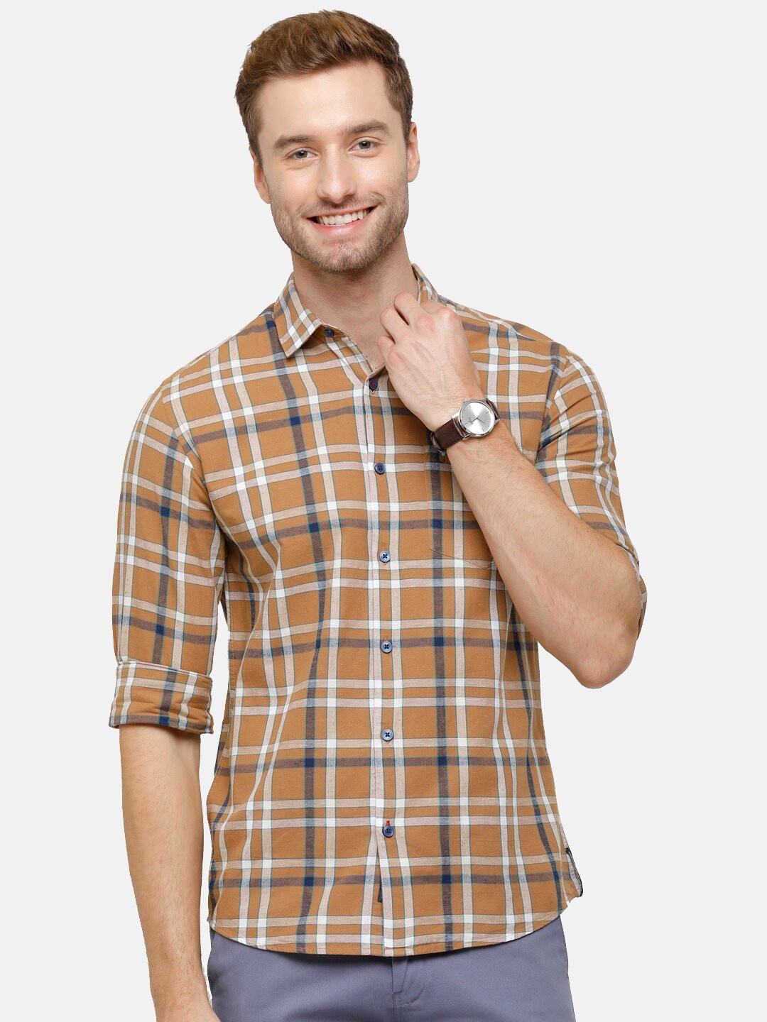 

CAVALLO by Linen Club Men Brown Tartan Checked Casual Shirt