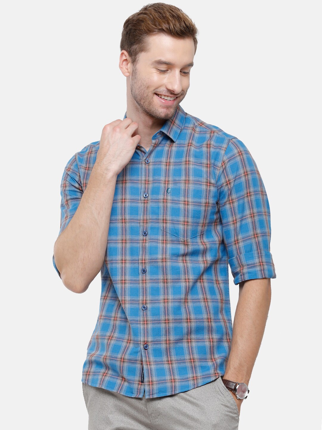 

CAVALLO by Linen Club Men Blue Tartan Checked Casual Shirt