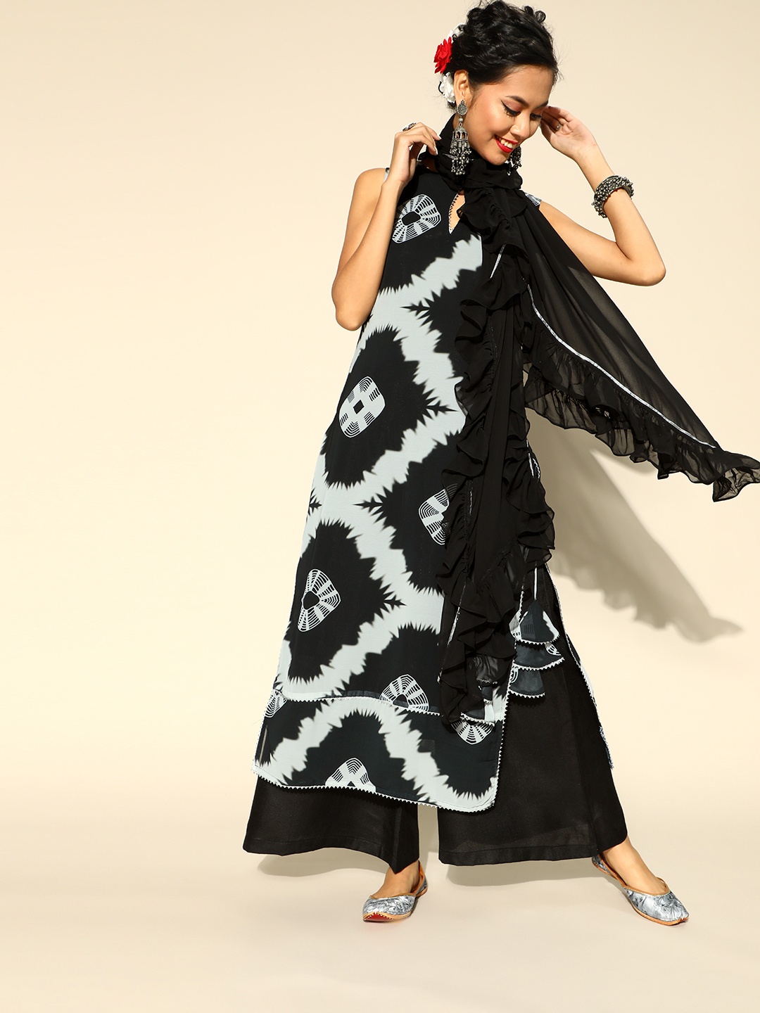 

Inddus Women Black & Grey Tie and Dye Kurta with Palazzo & Ruffled Dupatta